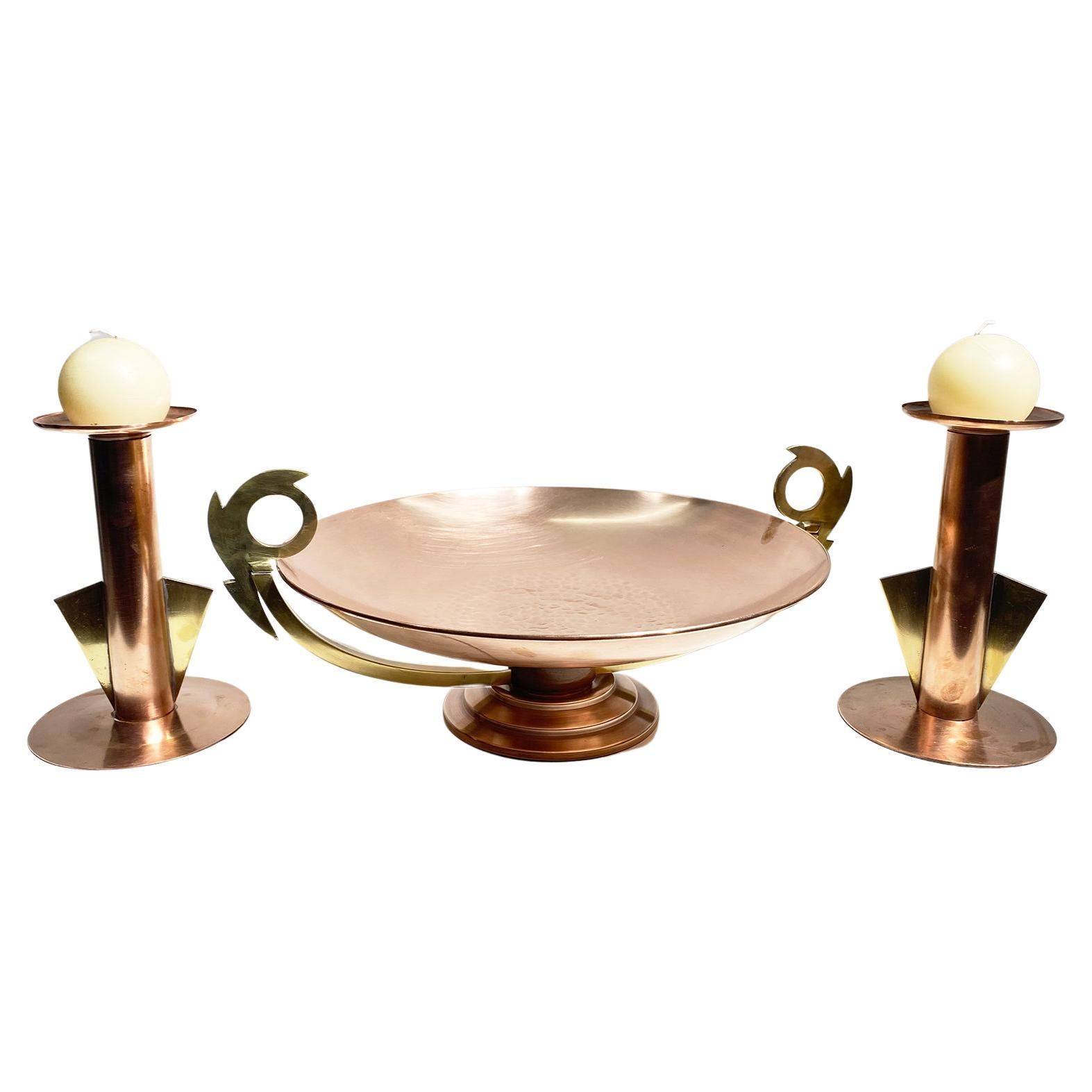 Late 19th Century Hand-Hammered Copper Tray with Candle Holders For Sale