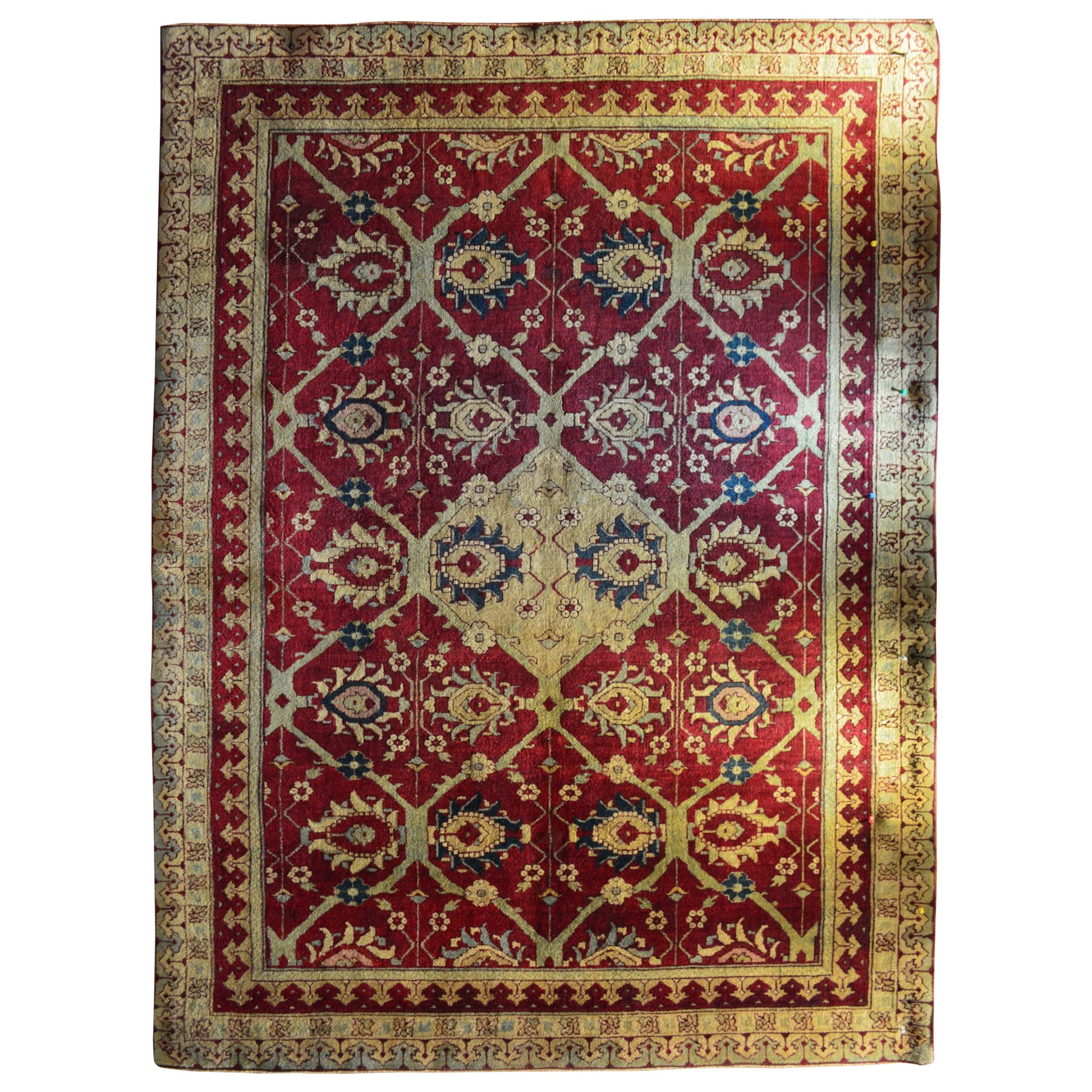 Late 19th Century Hand Knotted Red and Golden Wool Agra North Indian Rug For Sale