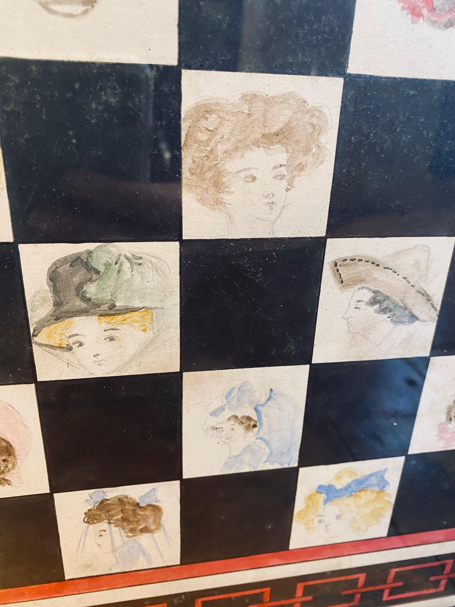 Late 19th century hand made and decoratively painted game board, circa 1890s to 1910, a checker or chess board with squares individually hand painted with miniature watercolor portraits of different stylish young women... Late Victorian precursors