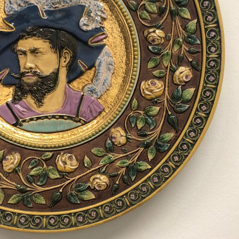 Late Victorian Late 19th Century Hand Painted Majolica Plate with Nobleman Portrait German For Sale