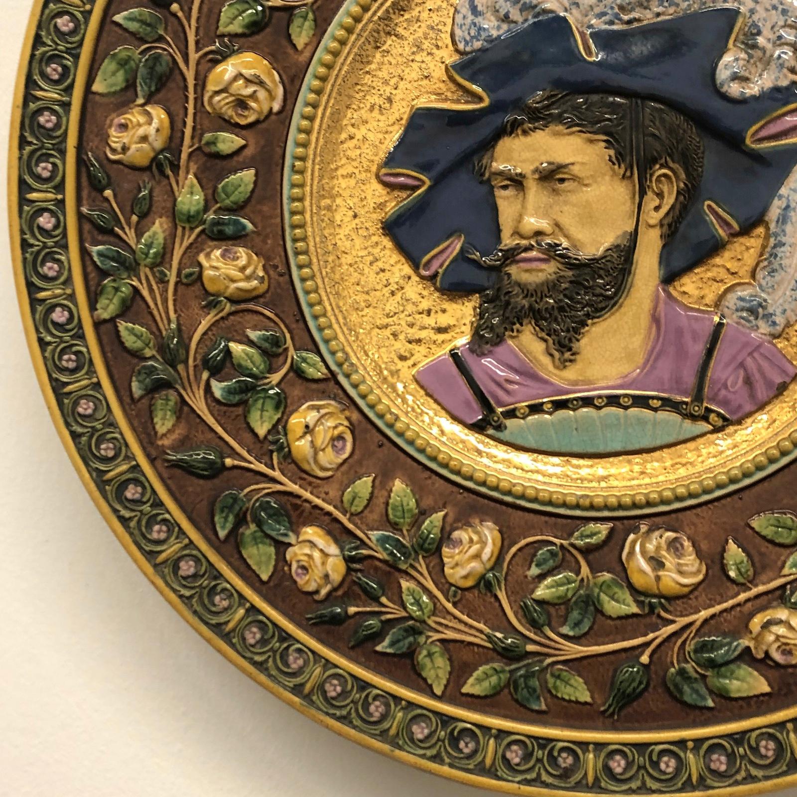 Late Victorian Late 19th Century Hand Painted Majolica Plate with Nobleman Portrait German For Sale