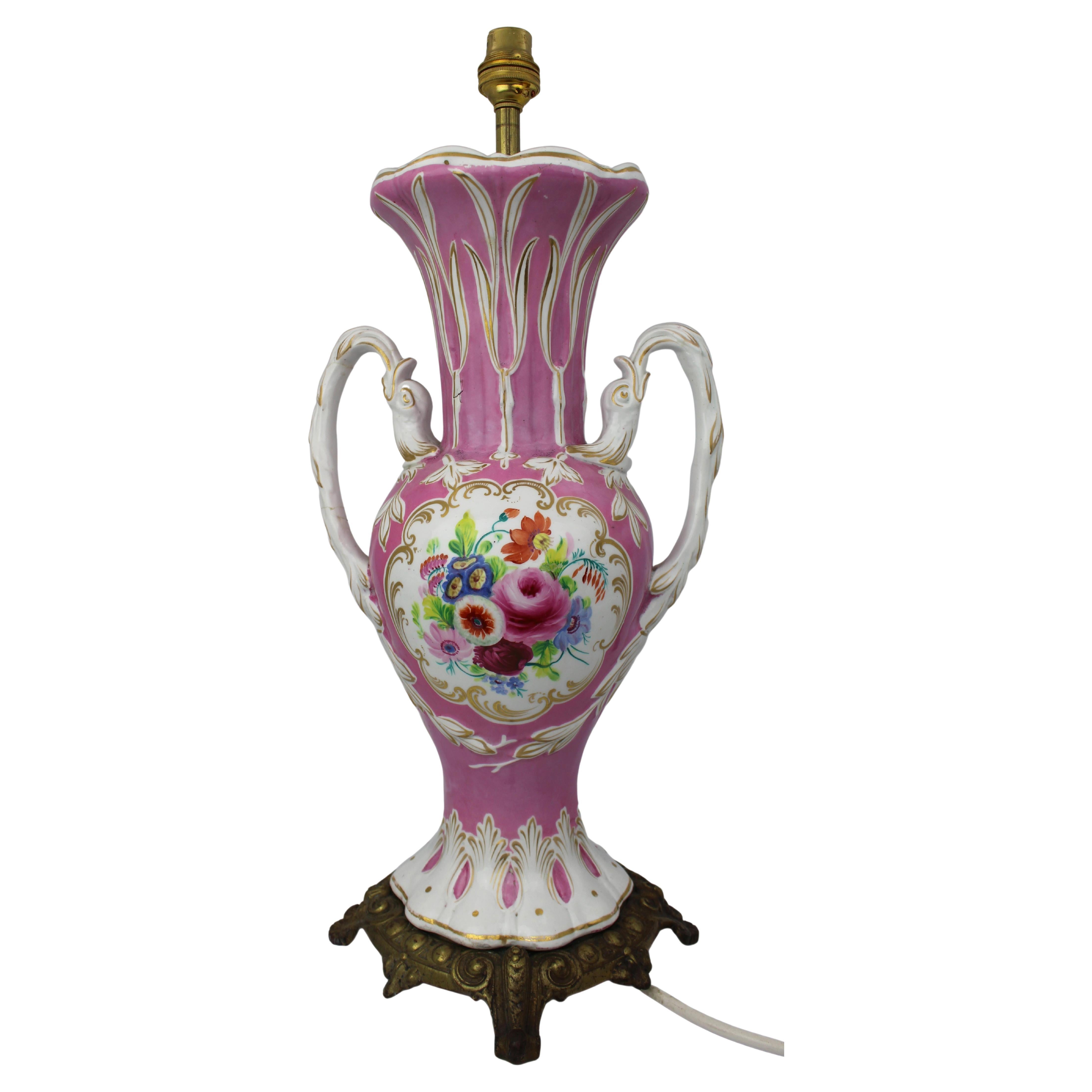 Late 19th Century Hand Painted Porcelain Table Lamp with Brass Base, circa 1890 For Sale