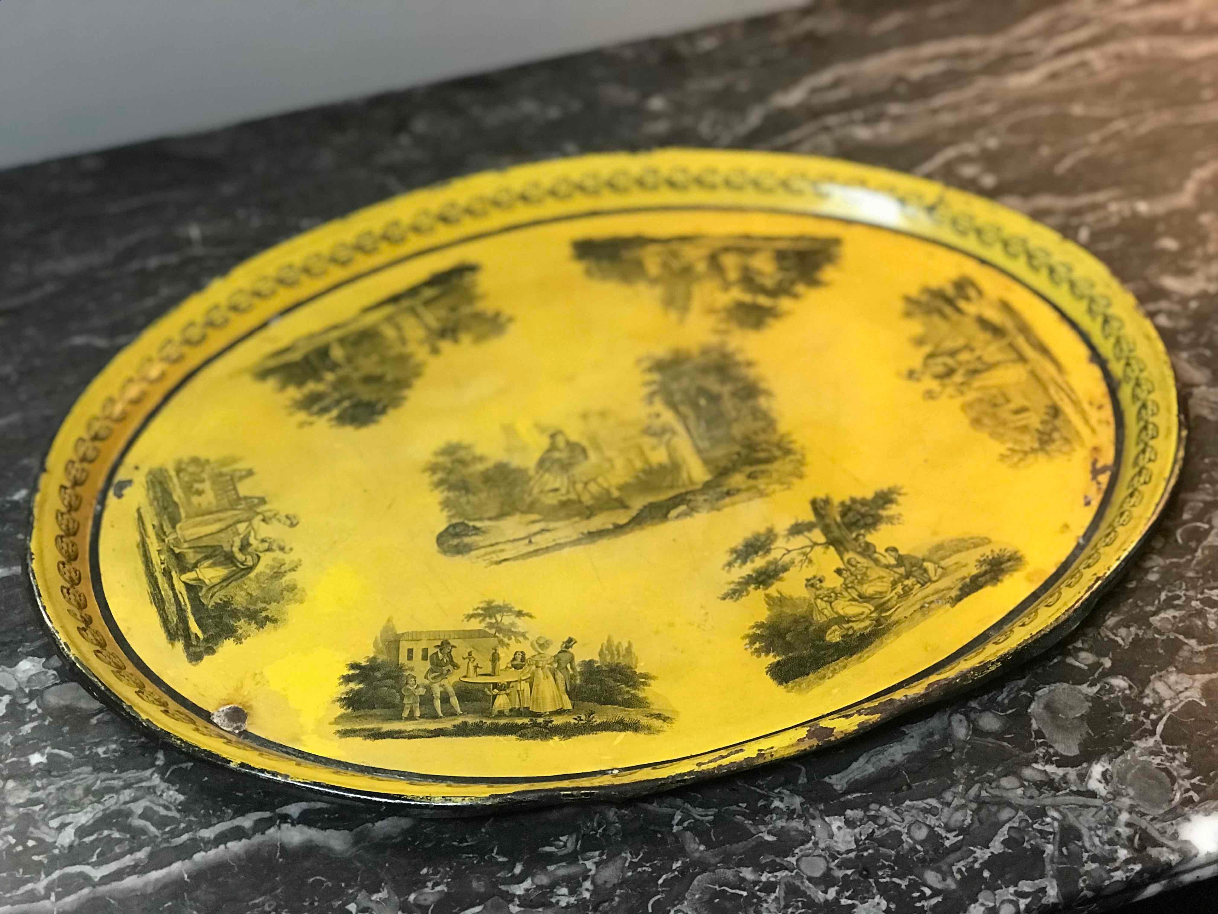 Late 19th century hand-painted yellow tole tray depicting life in the french countryside. 