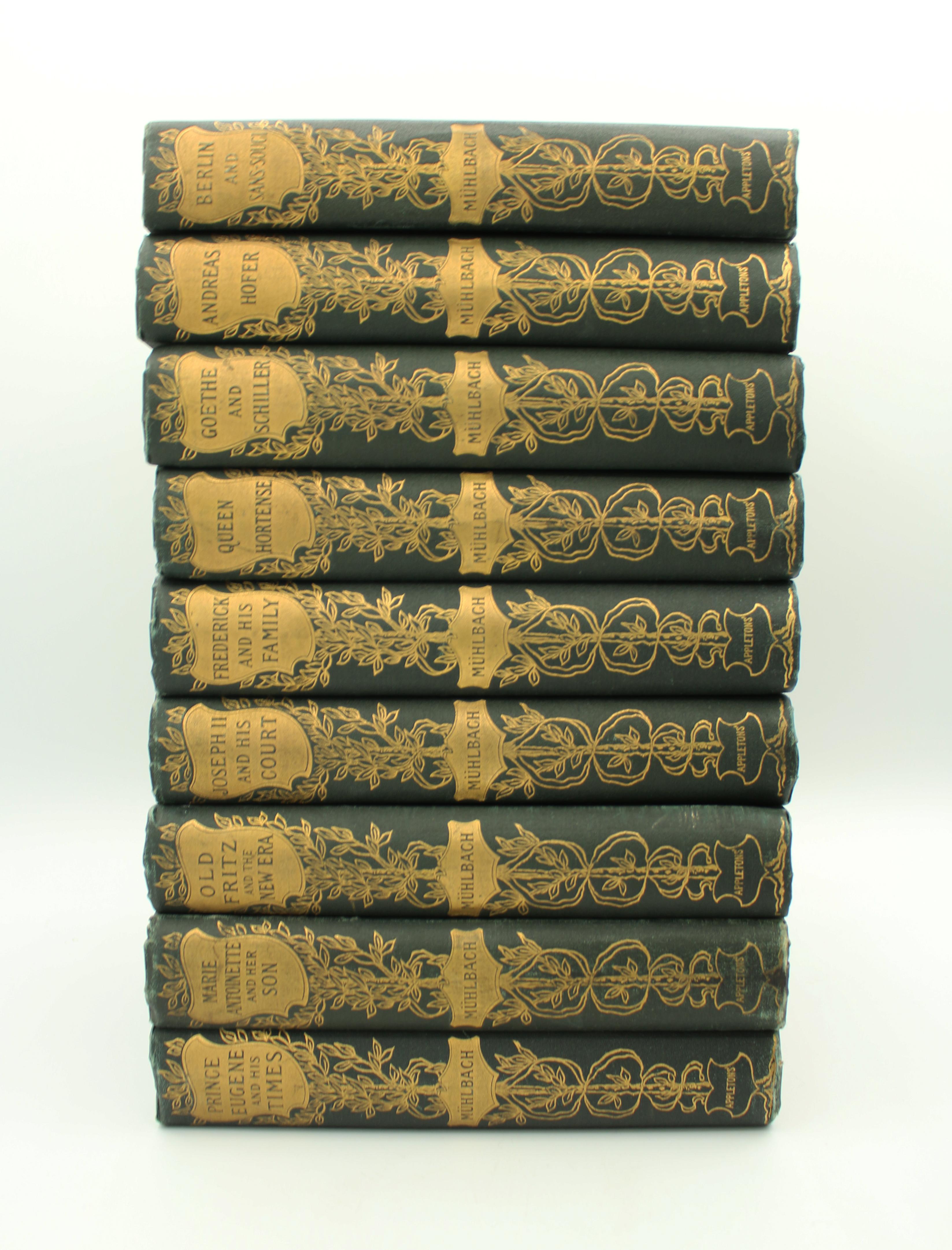 Antique hardcover set of 18 works by Luise Mülbach (1814-1873). Published in 1897 by D. Appleton and Company, New York. Extensive gilt embossed design on the spine and embossed fronts. Each approx. 1 3/8