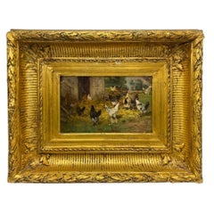 Late 19th Century Hens & Rooters Oil on Canvas Painting with Thick Gilt Frame
