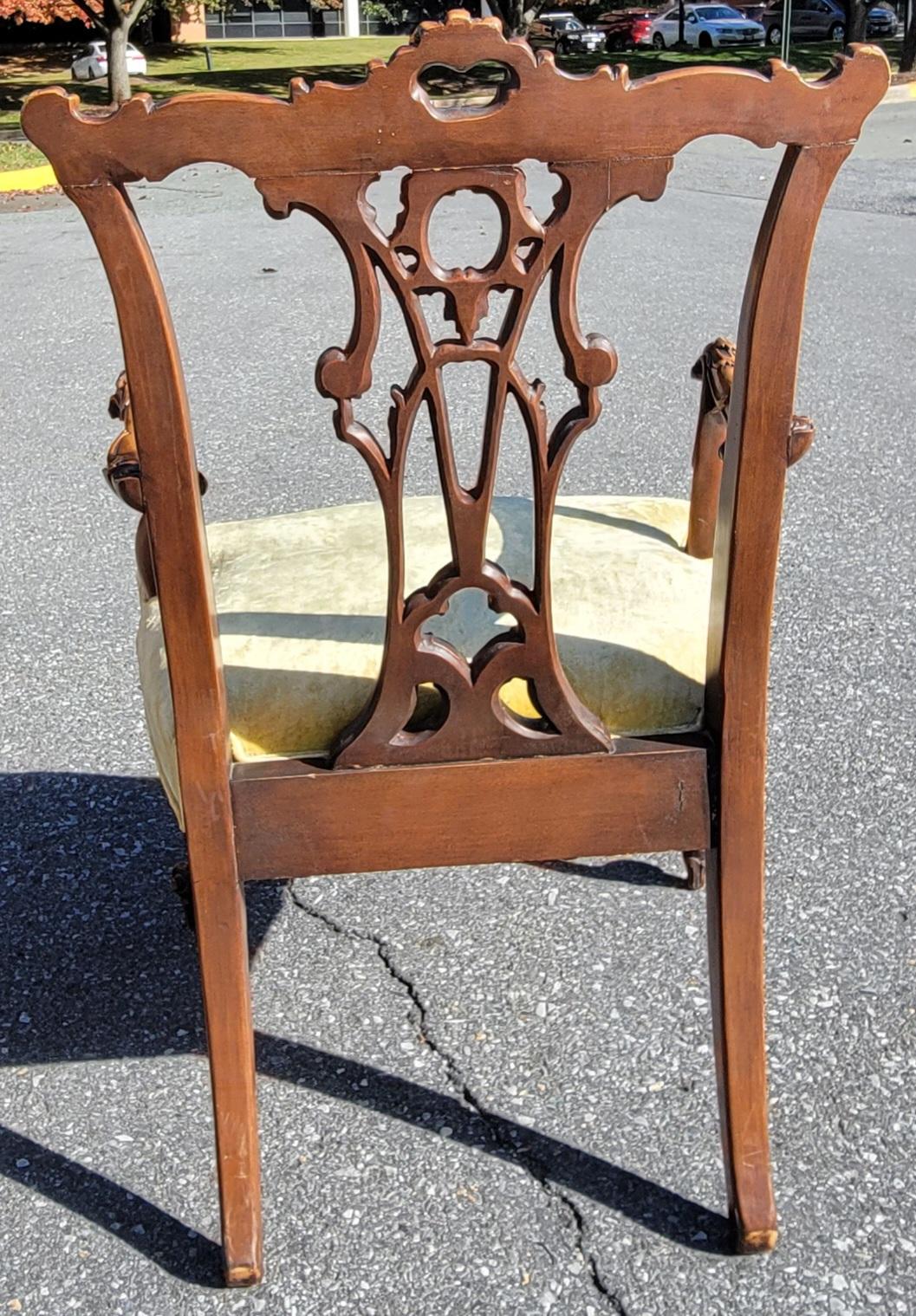 Late 19th Century Highly Carved Mahogany Chippendale Rococo Upholstered Fauteuil For Sale 8