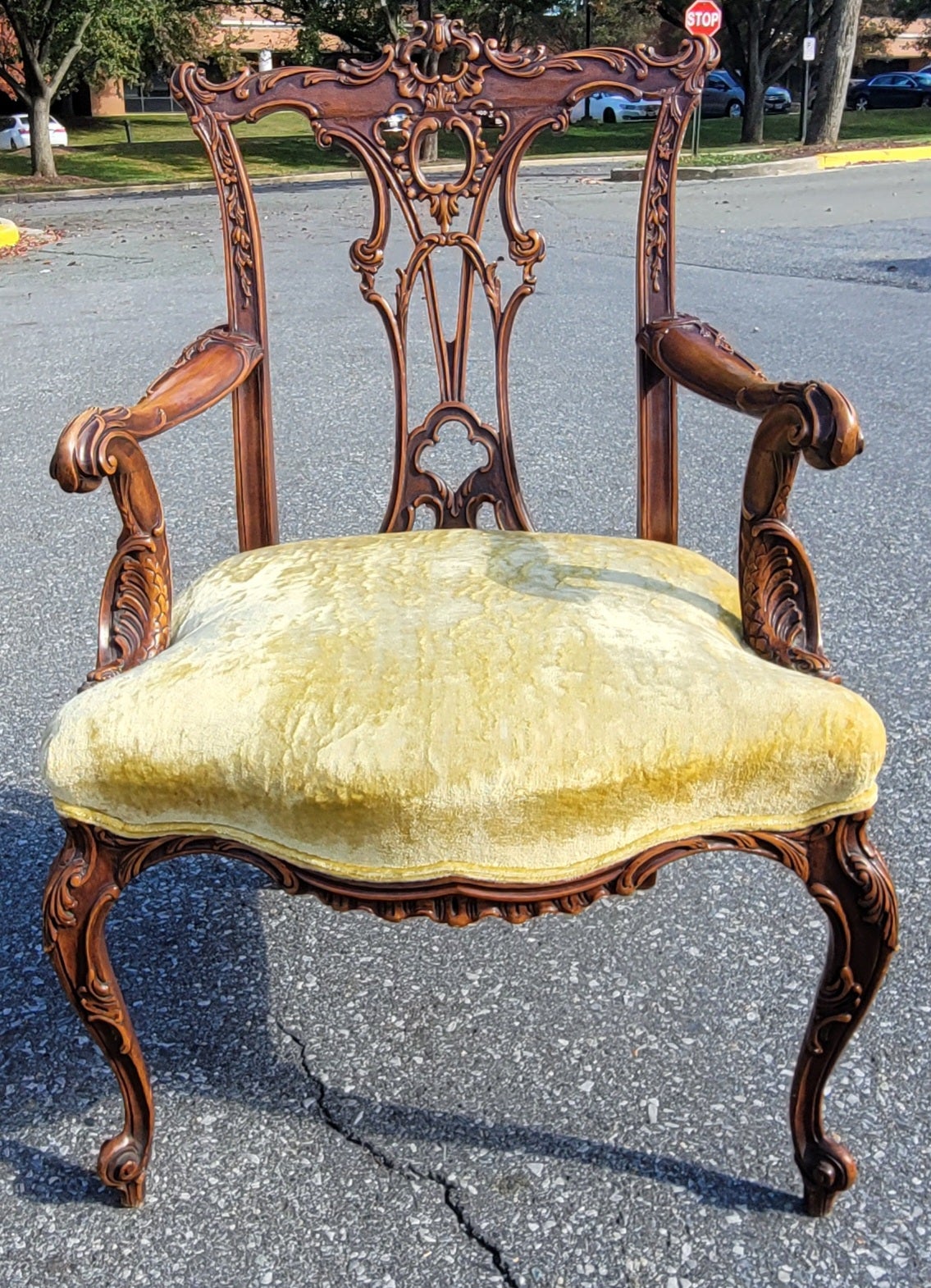 Late 19th Century Highly Carved Mahogany Chippendale Rococo Upholstered Fauteuil For Sale 9