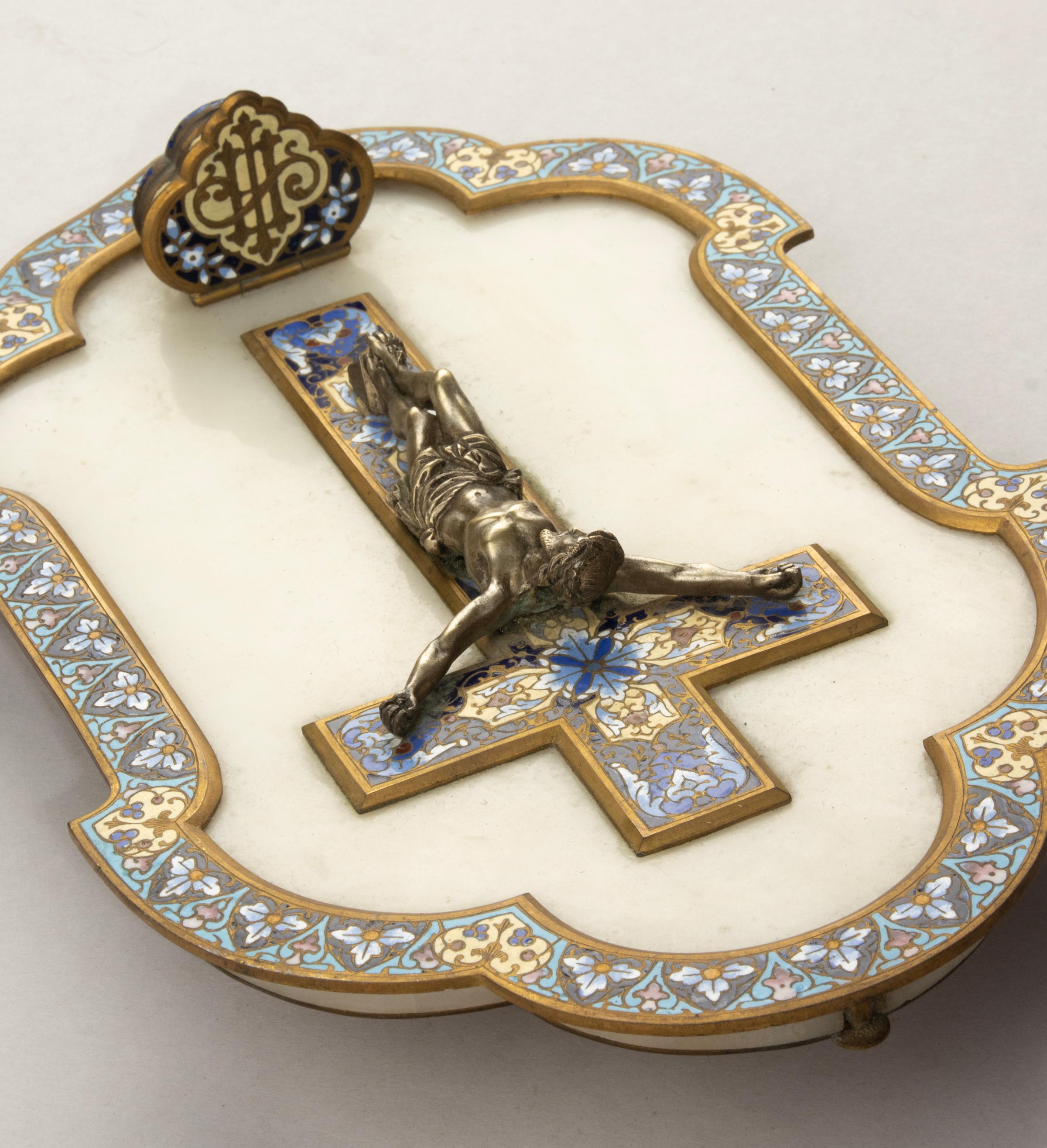 Fin du 19ème siècle Fontaine à eau bénite - Crucifix Jésus en bronze - Emaux cloisonnés en vente 11