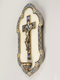 Late 19th Century Holy Water Font - Crucifix Bronze Jesus - Cloisonné Enamel