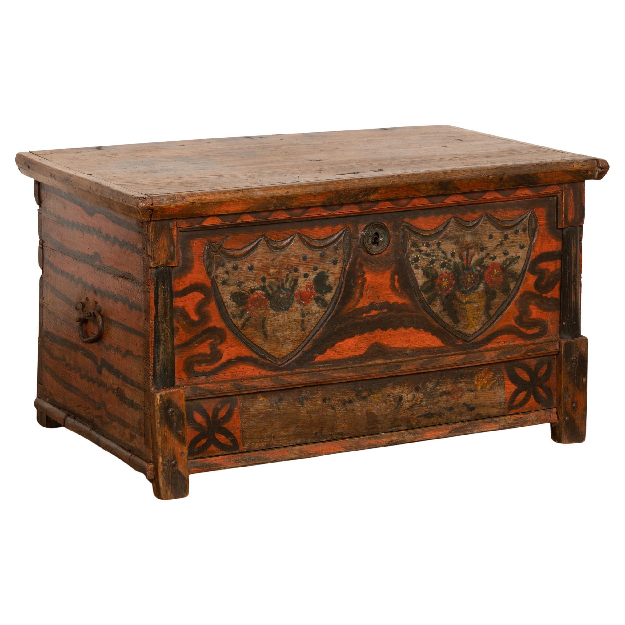 Late 19th Century Hungarian Original Painted Pine Flat Top Trunk