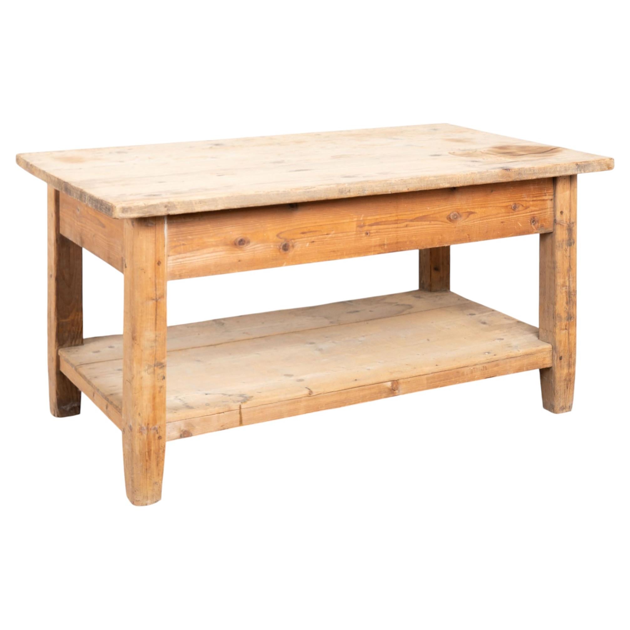 Late 19th Century Hungarian Pine Work Table or Kitchen Island with Lower Shelf