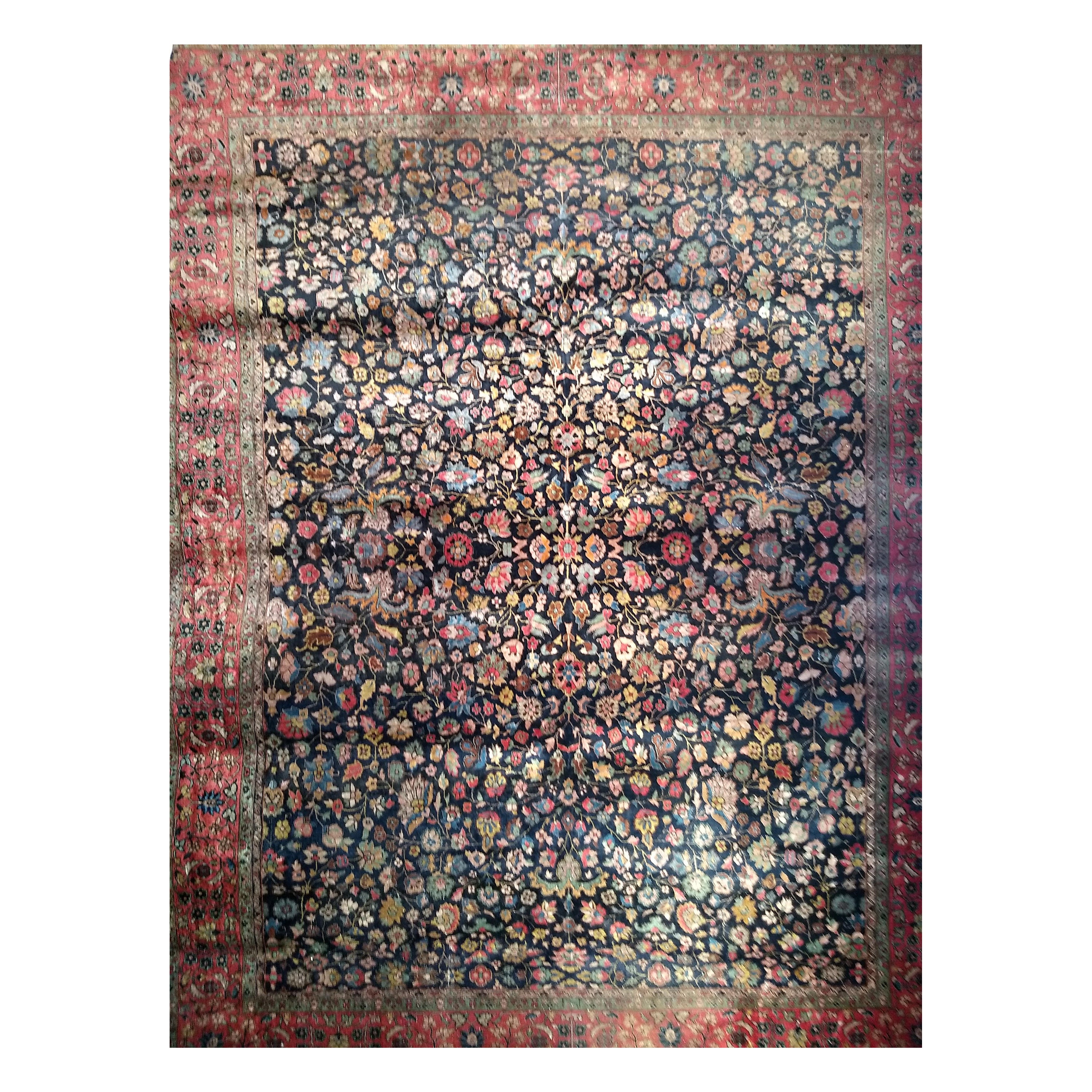 Indischer Agra-Teppich des späten 19. Jahrhunderts mit Blumenmuster in Marineblau, Grün, Blau im Angebot