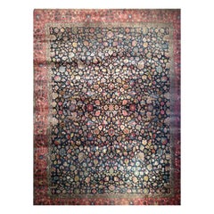 Late 19th Century Indian Agra Rug in Allover Floral Pattern in Navy, Green, Blue