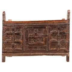 Late 19th century Indian softwood and iron-mounted dowry chest