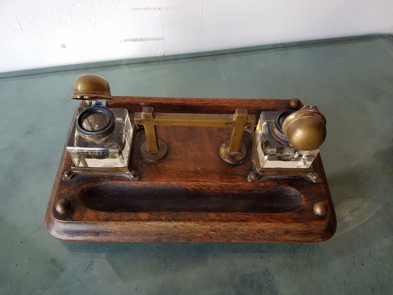 Late 19th Century Inkwell or Inkstand with Wood, Brass and Glass In Excellent Condition In Raalte, NL