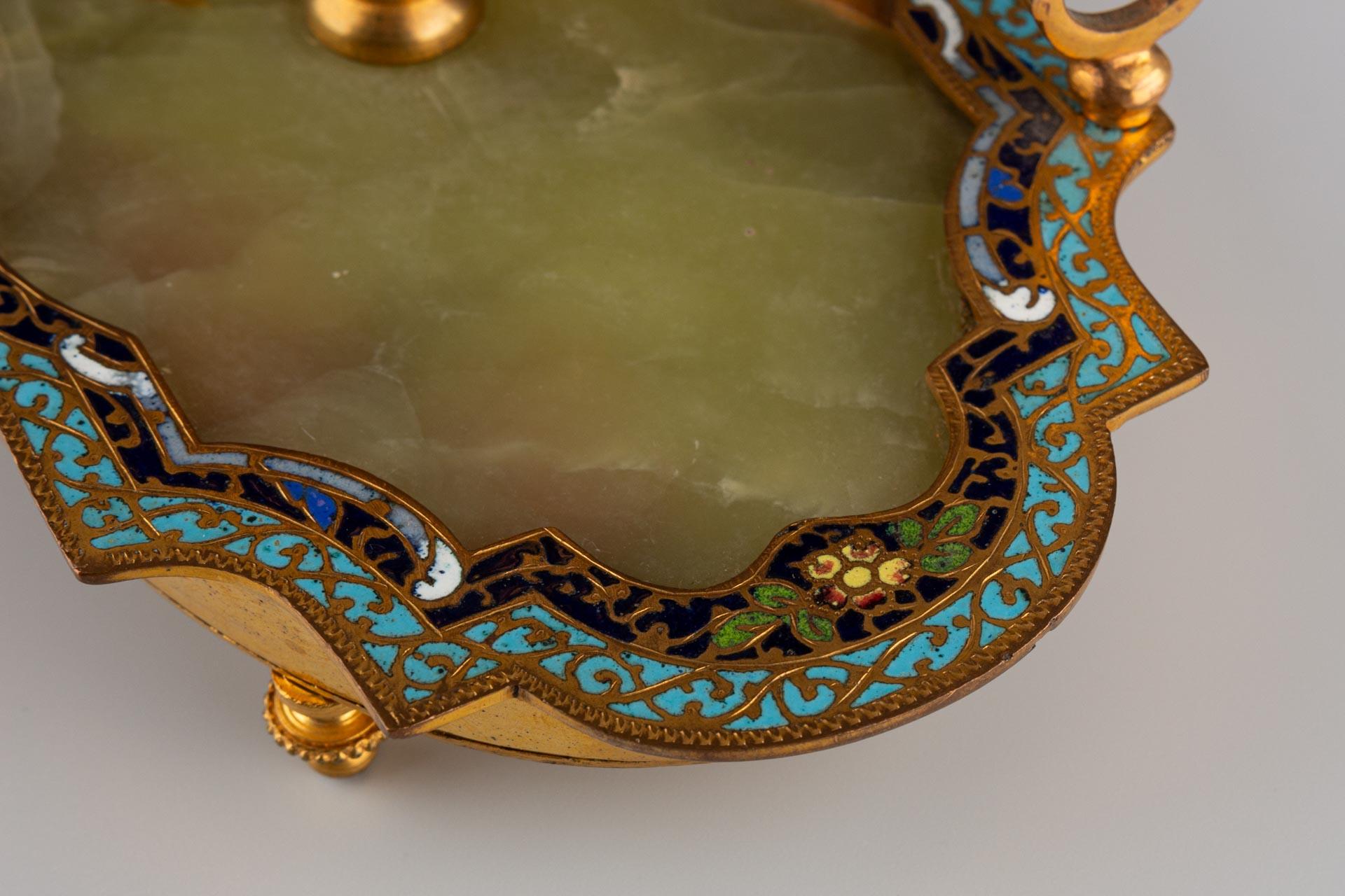 Calamaio della fine del XIX secolo con marmo d'onice e smalto cloisonne in vendita 5