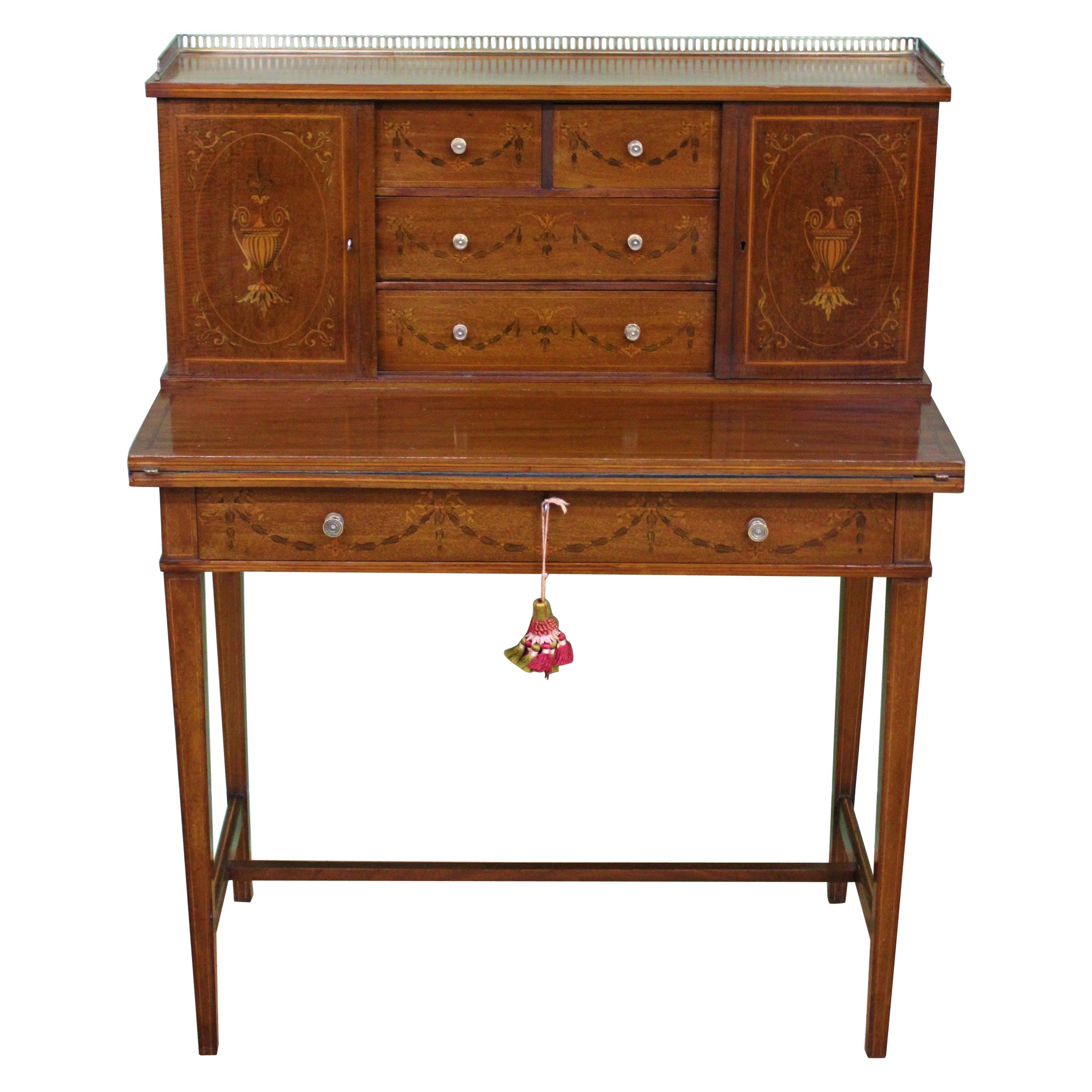 Late 19th Century Inlaid Mahogany Bonheur Du Jour by Jas Shoolbred & Co. For Sale