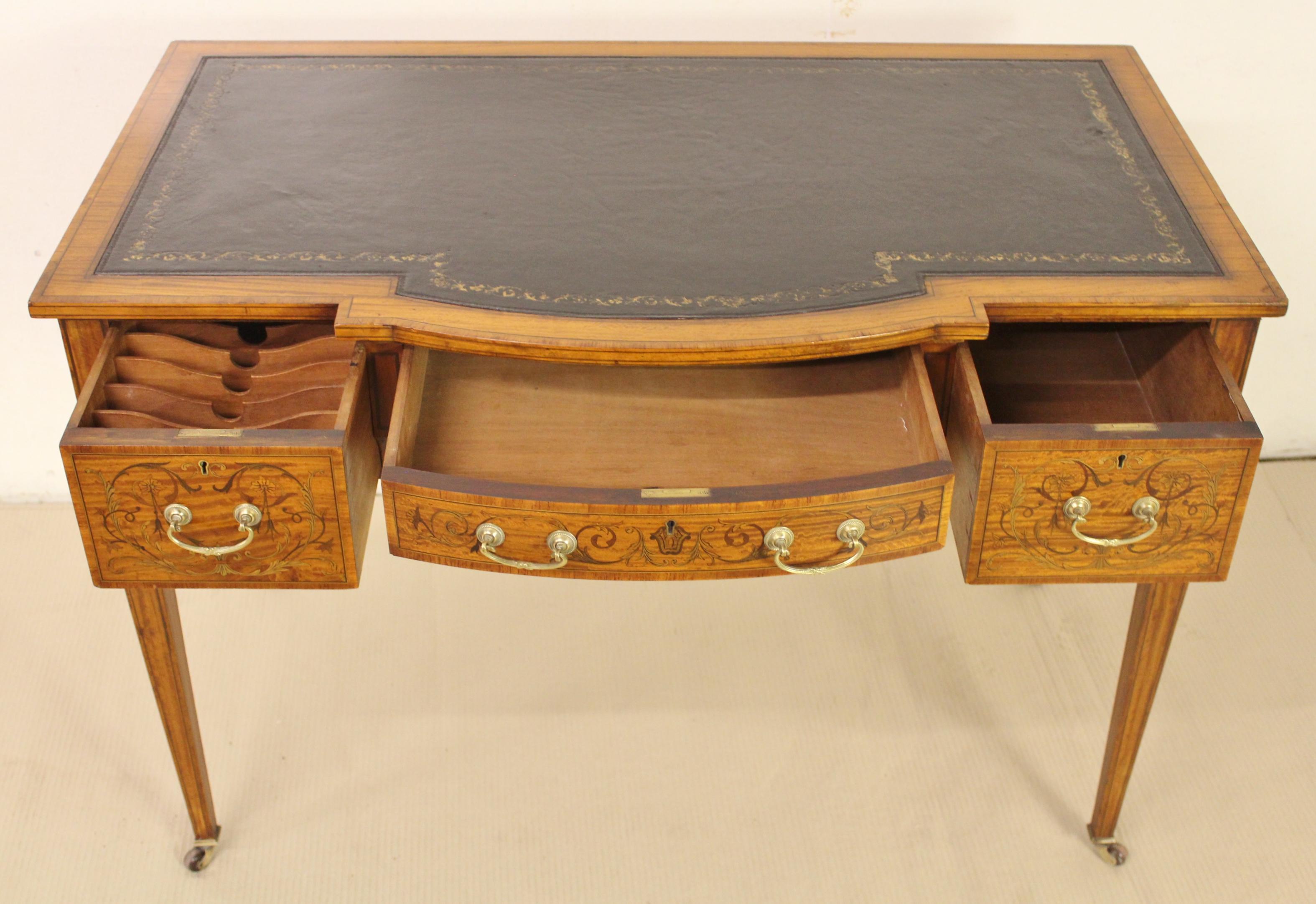 English Late 19th Century Inlaid Satinwood Writing Desk by Maple and Co