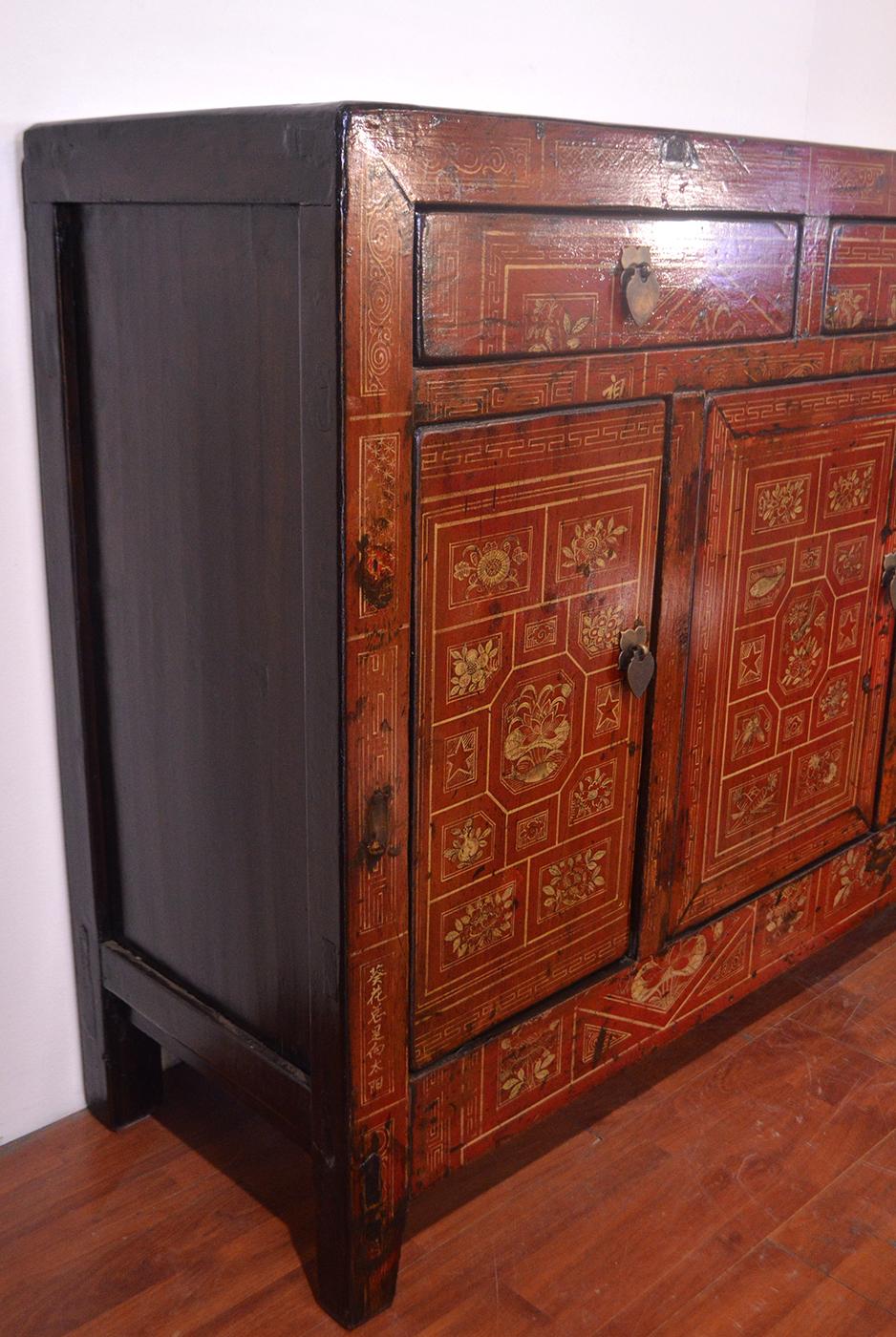 Ming Late 19th Century Inner Mongolian Northern Elm Buffet Hand Painted For Sale