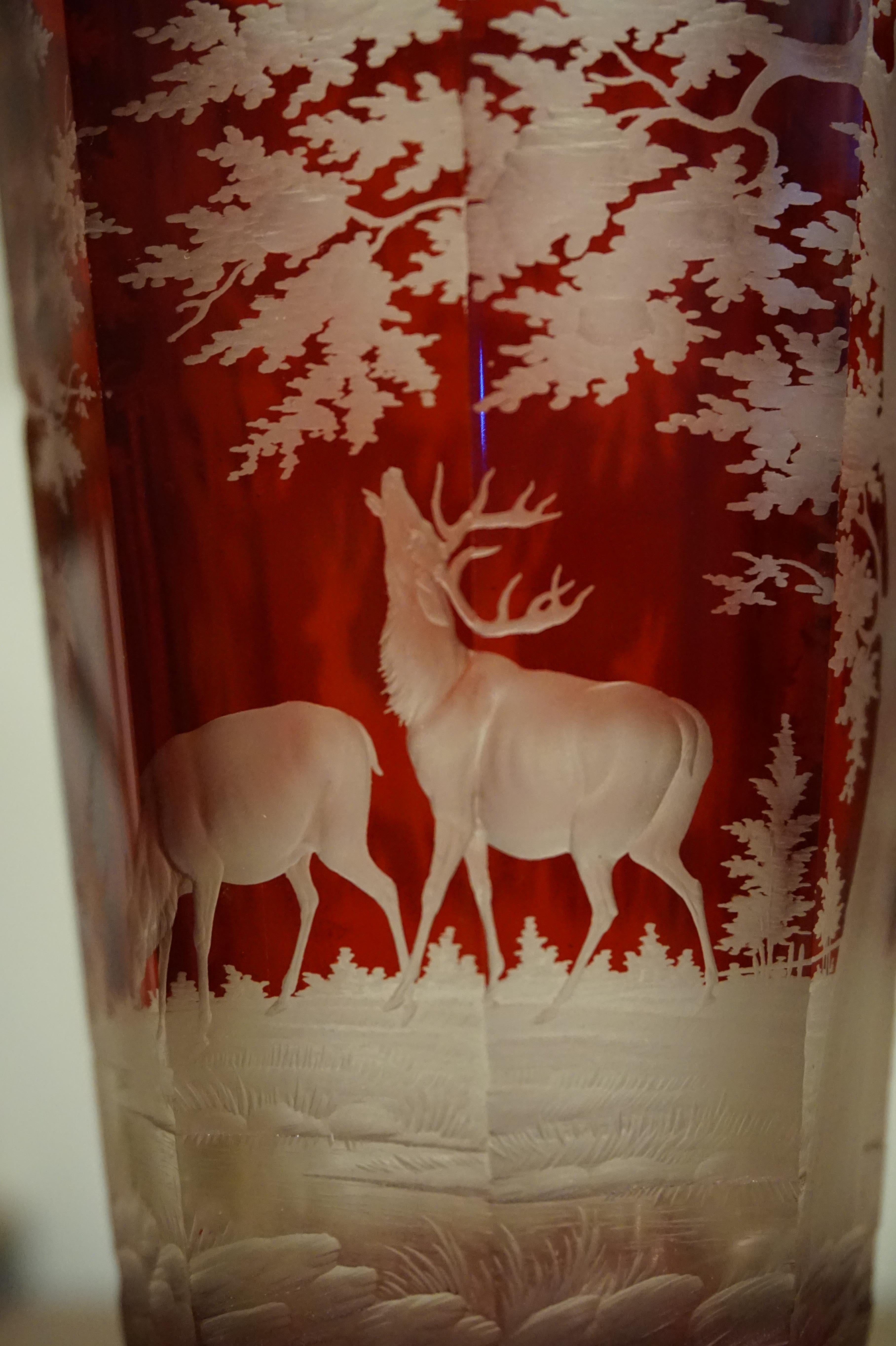 Late 19th Century Intaglio Acid Etched Crystal Vase with Deer in Wilderness 6