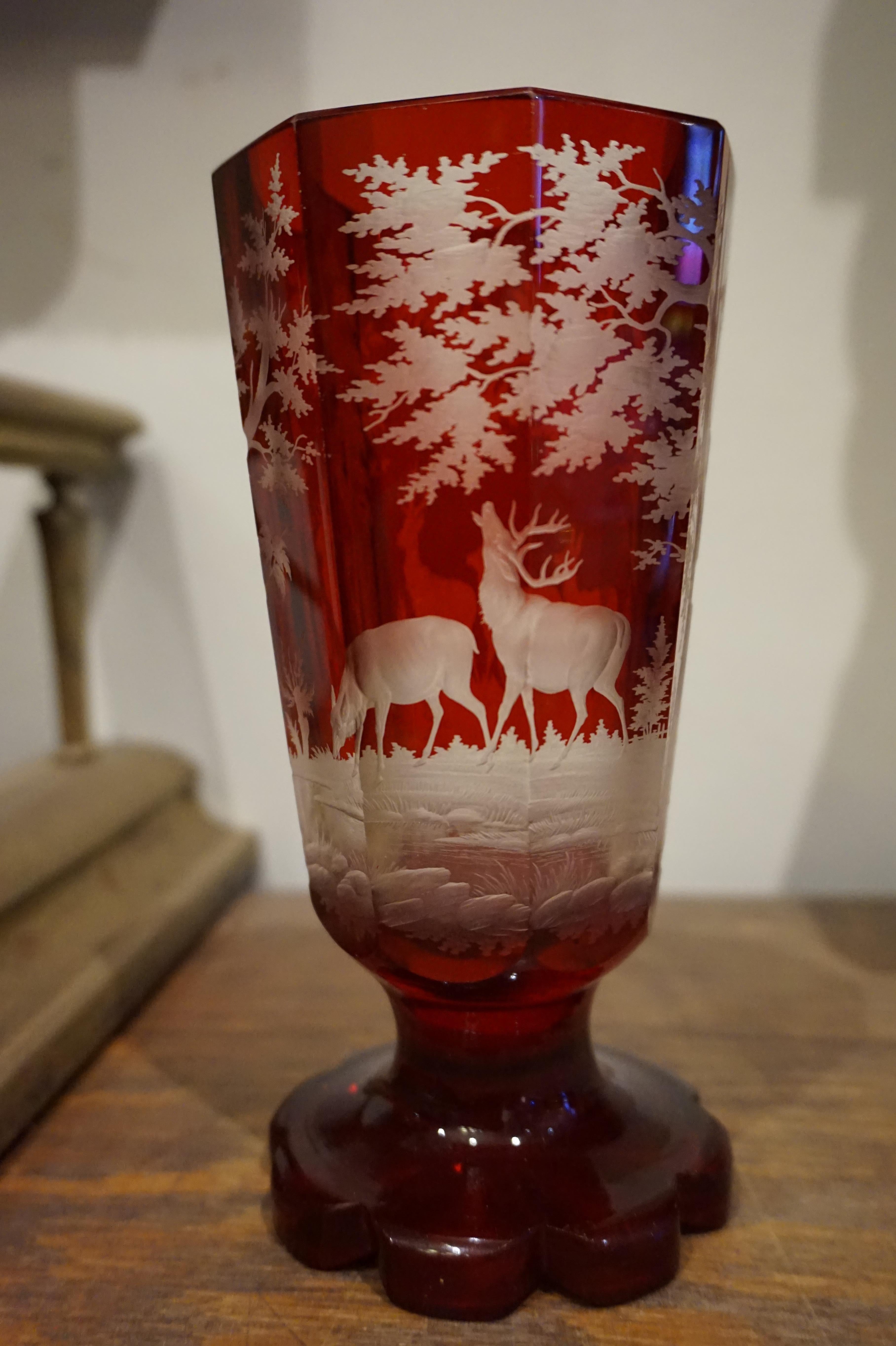 Bohemian Late 19th Century Intaglio Acid Etched Crystal Vase with Deer in Wilderness