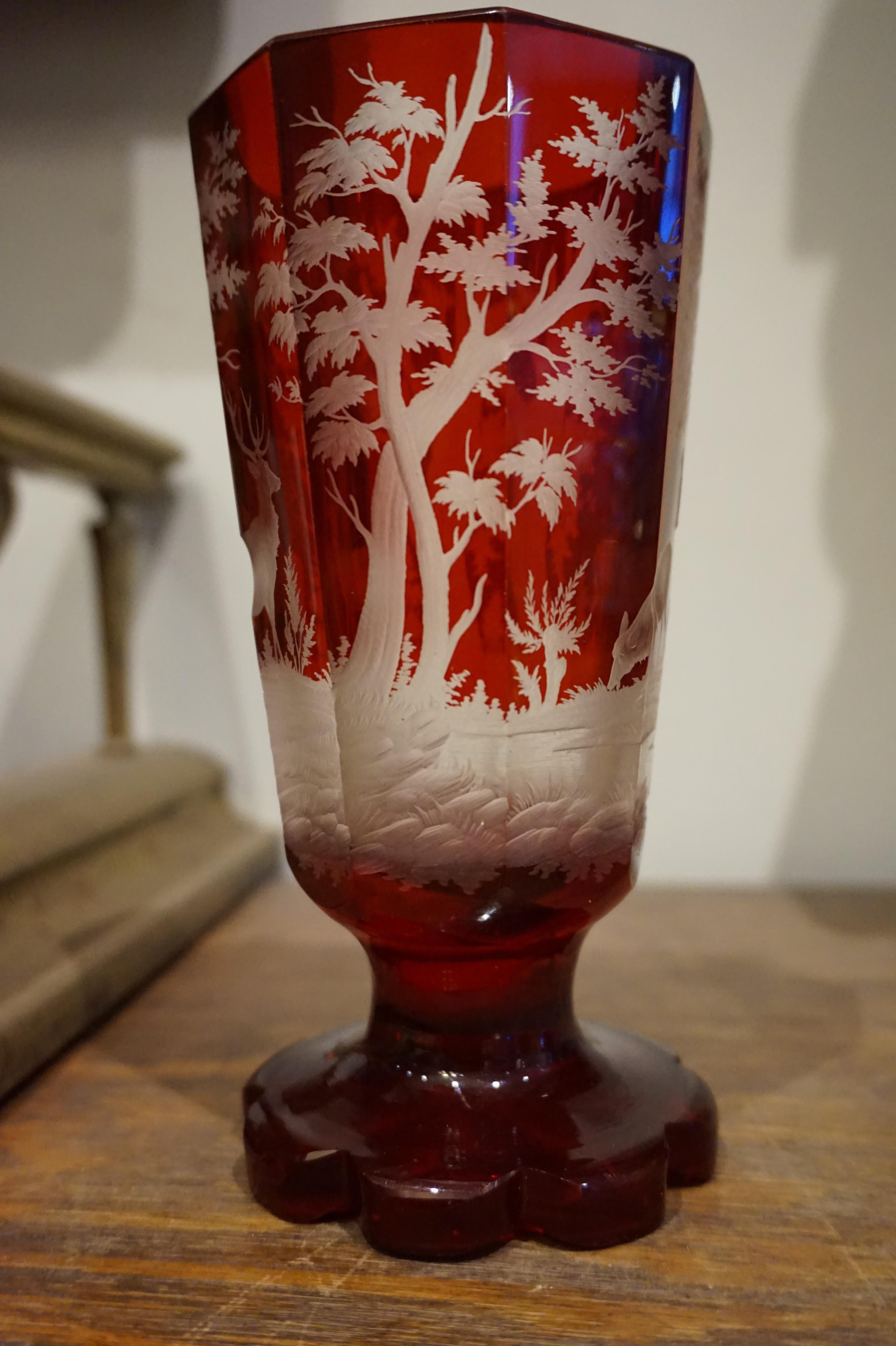 German Late 19th Century Intaglio Acid Etched Crystal Vase with Deer in Wilderness