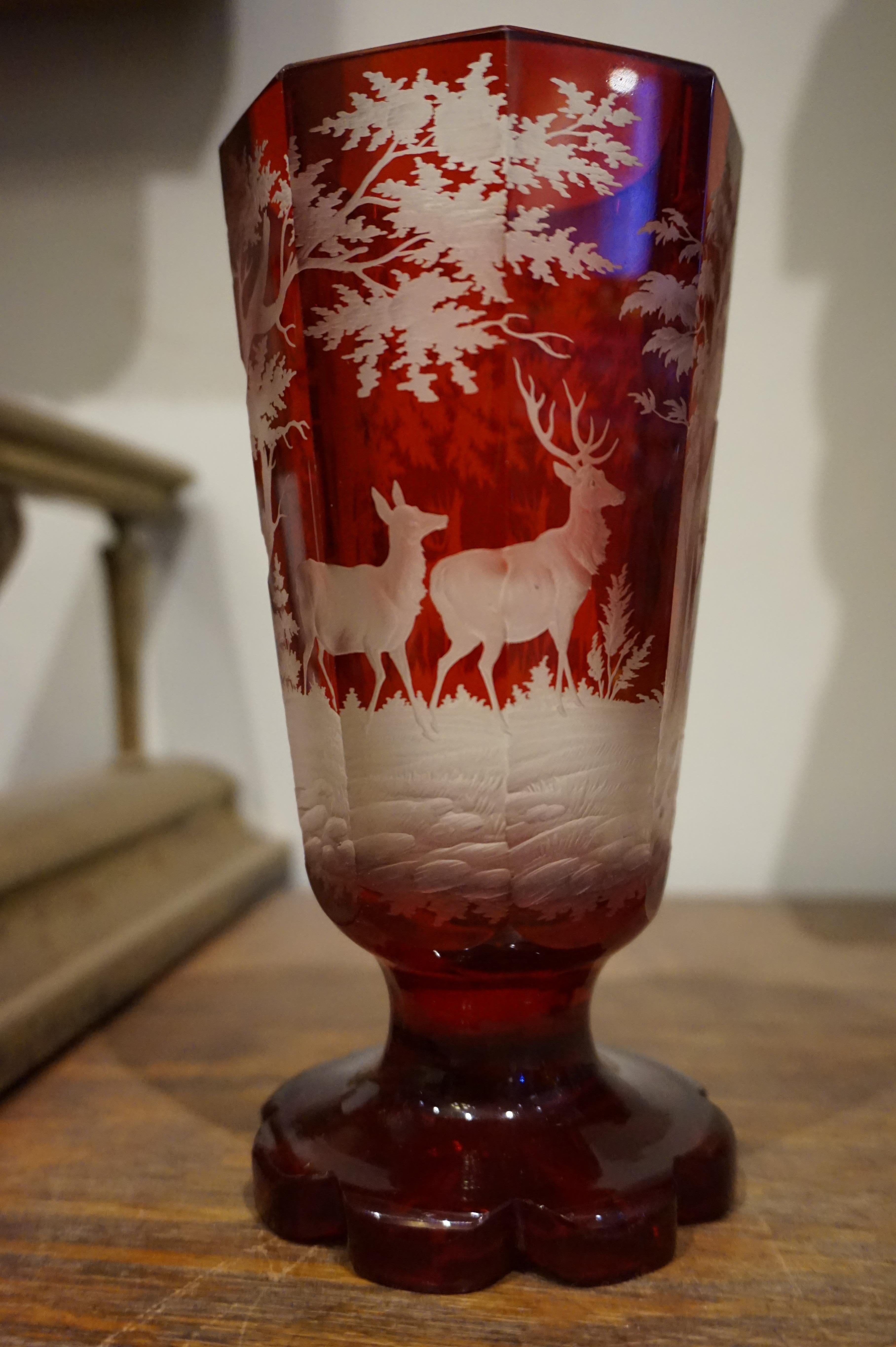 Hand-Carved Late 19th Century Intaglio Acid Etched Crystal Vase with Deer in Wilderness