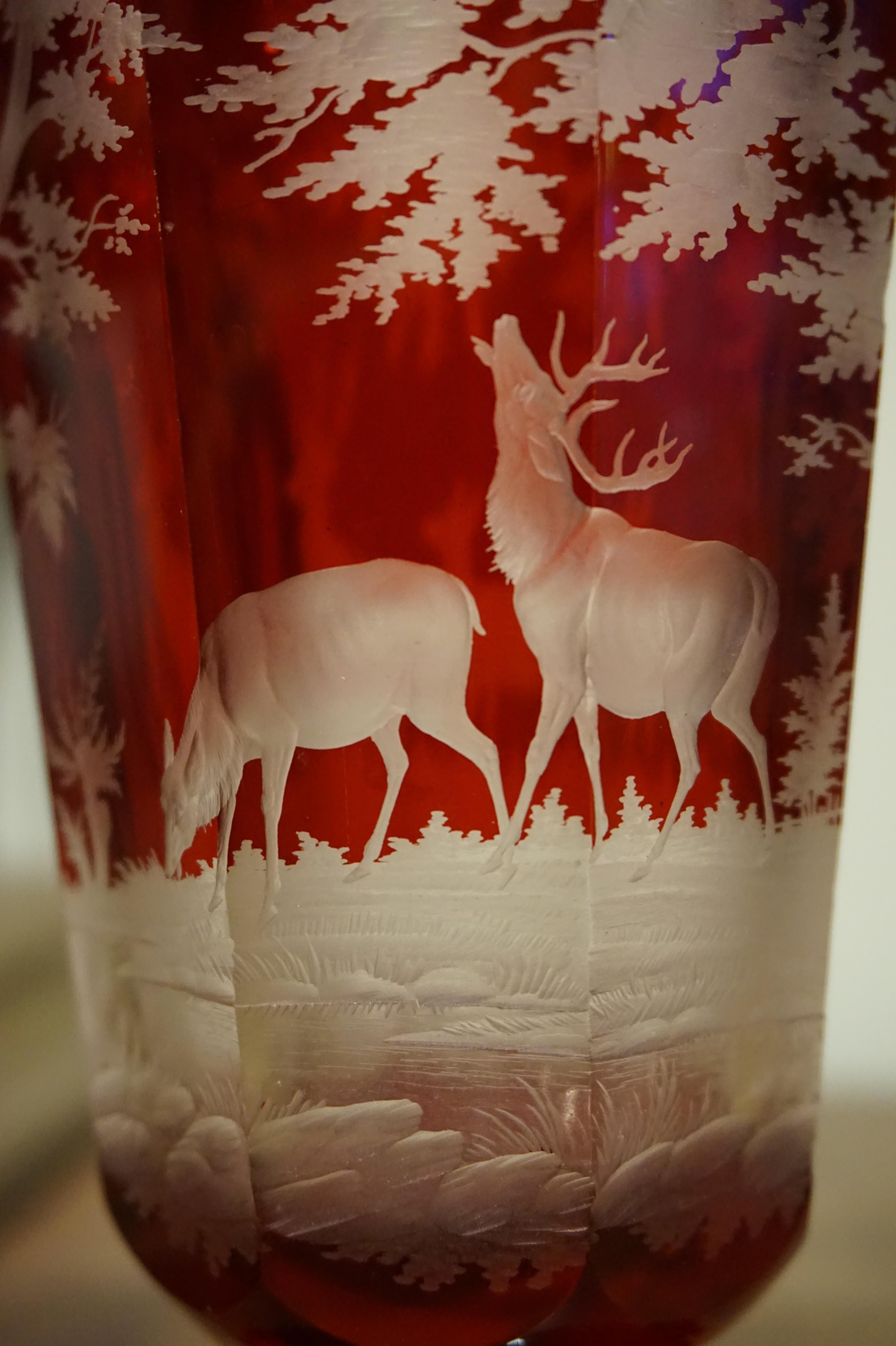 Late 19th Century Intaglio Acid Etched Crystal Vase with Deer in Wilderness 1