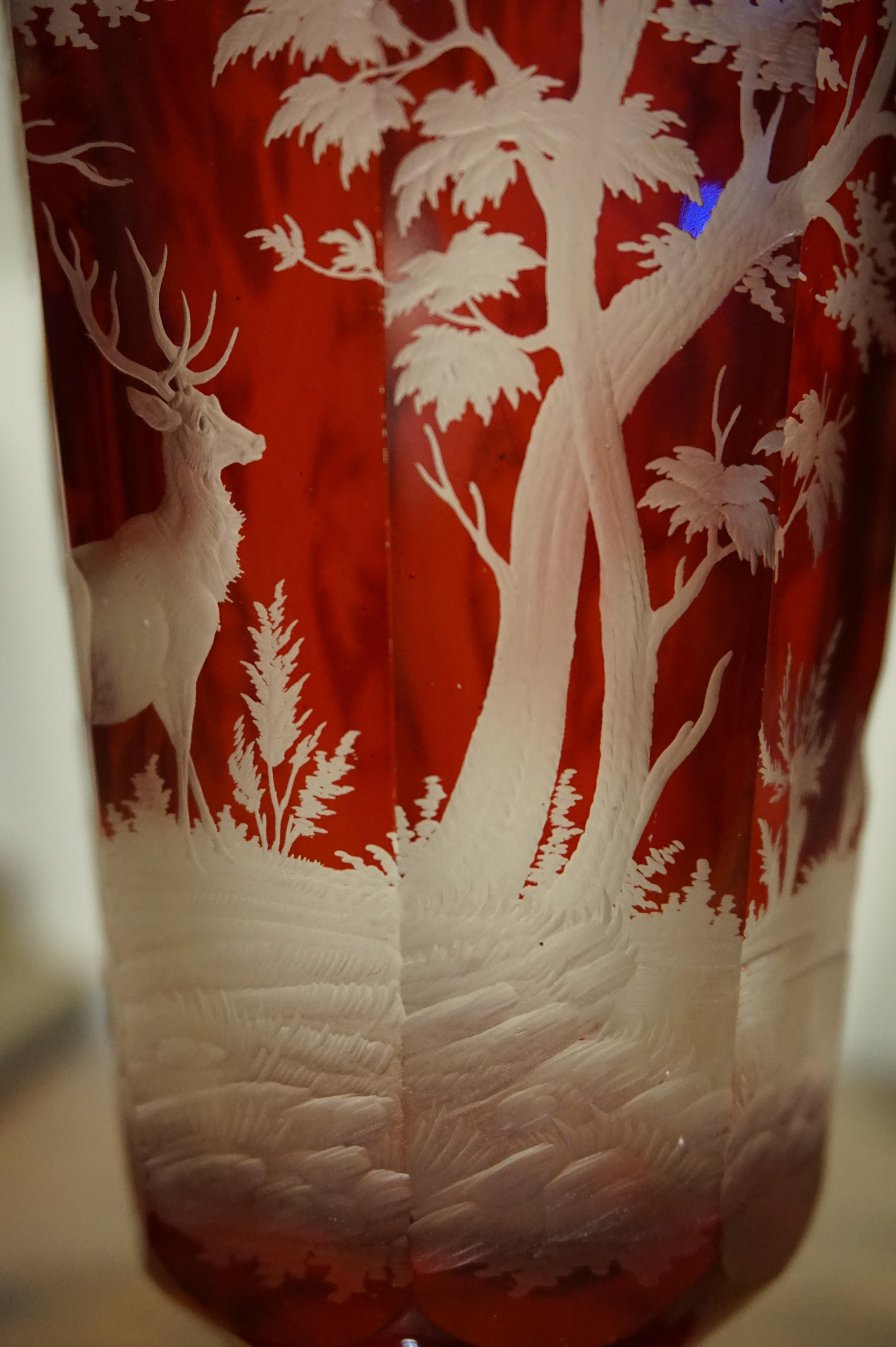 Late 19th Century Intaglio Acid Etched Crystal Vase with Deer in Wilderness 2