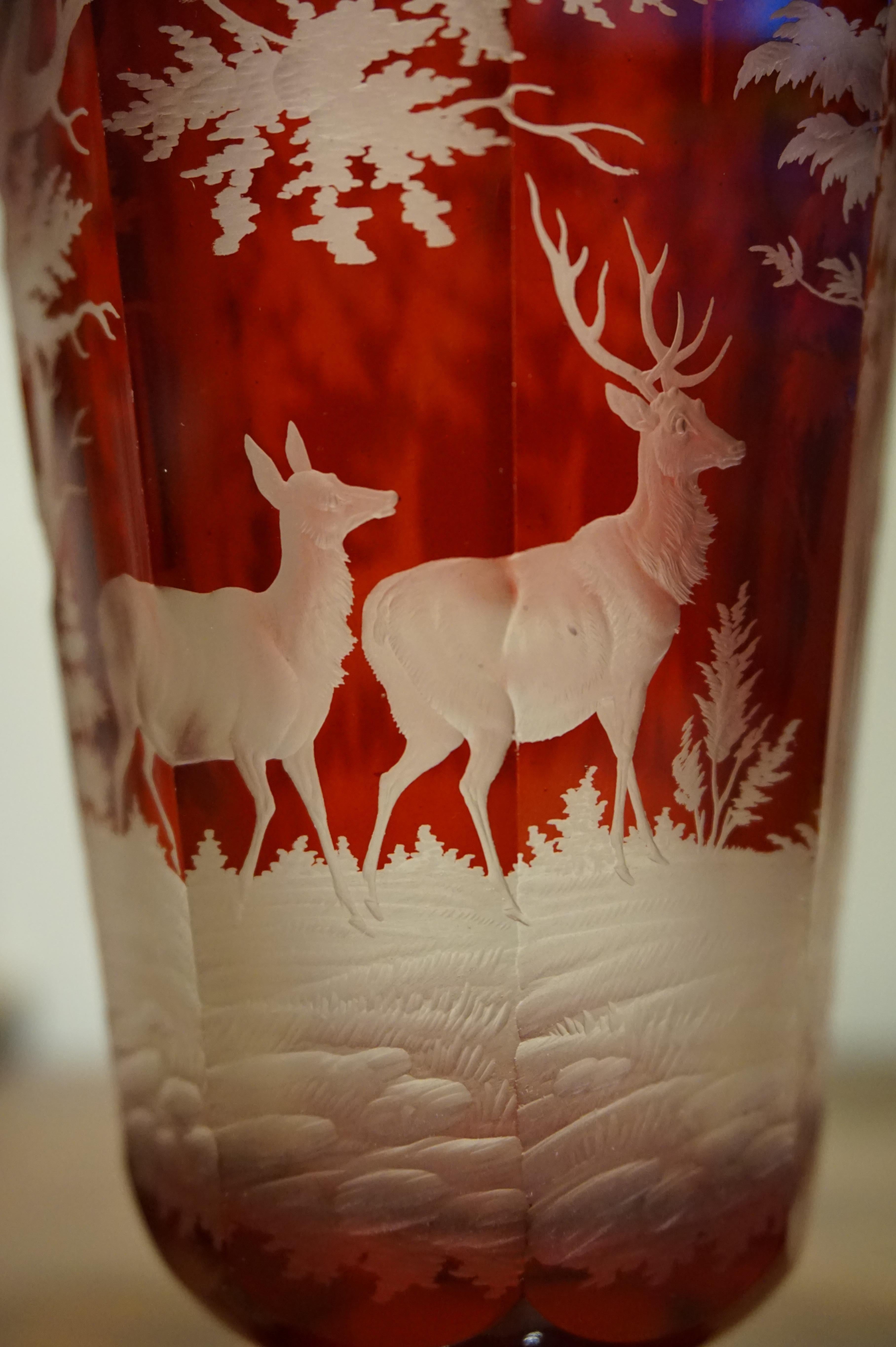 Late 19th Century Intaglio Acid Etched Crystal Vase with Deer in Wilderness 3