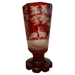 Late 19th Century Intaglio Acid Etched Crystal Vase with Deer in Wilderness