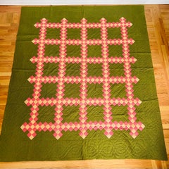 Late 19th Century Irish Chain Quilt in Double Pink and Olive Green, Circa 1880