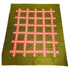 Late 19th Century Irish Chain Quilt in Double Pink and Olive Green, Circa 1880