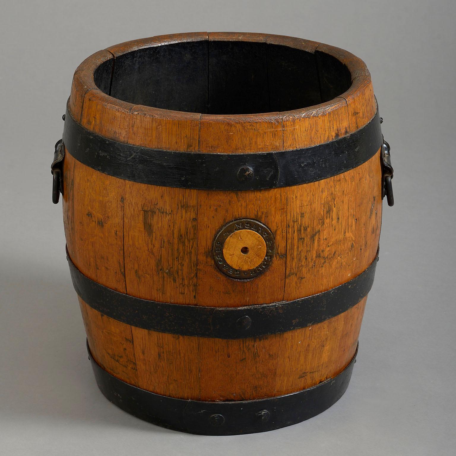 Rustic Late 19th Century Iron Coopered Oak Barrel Log Bin For Sale