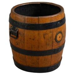 Antique Late 19th Century Iron Coopered Oak Barrel Log Bin