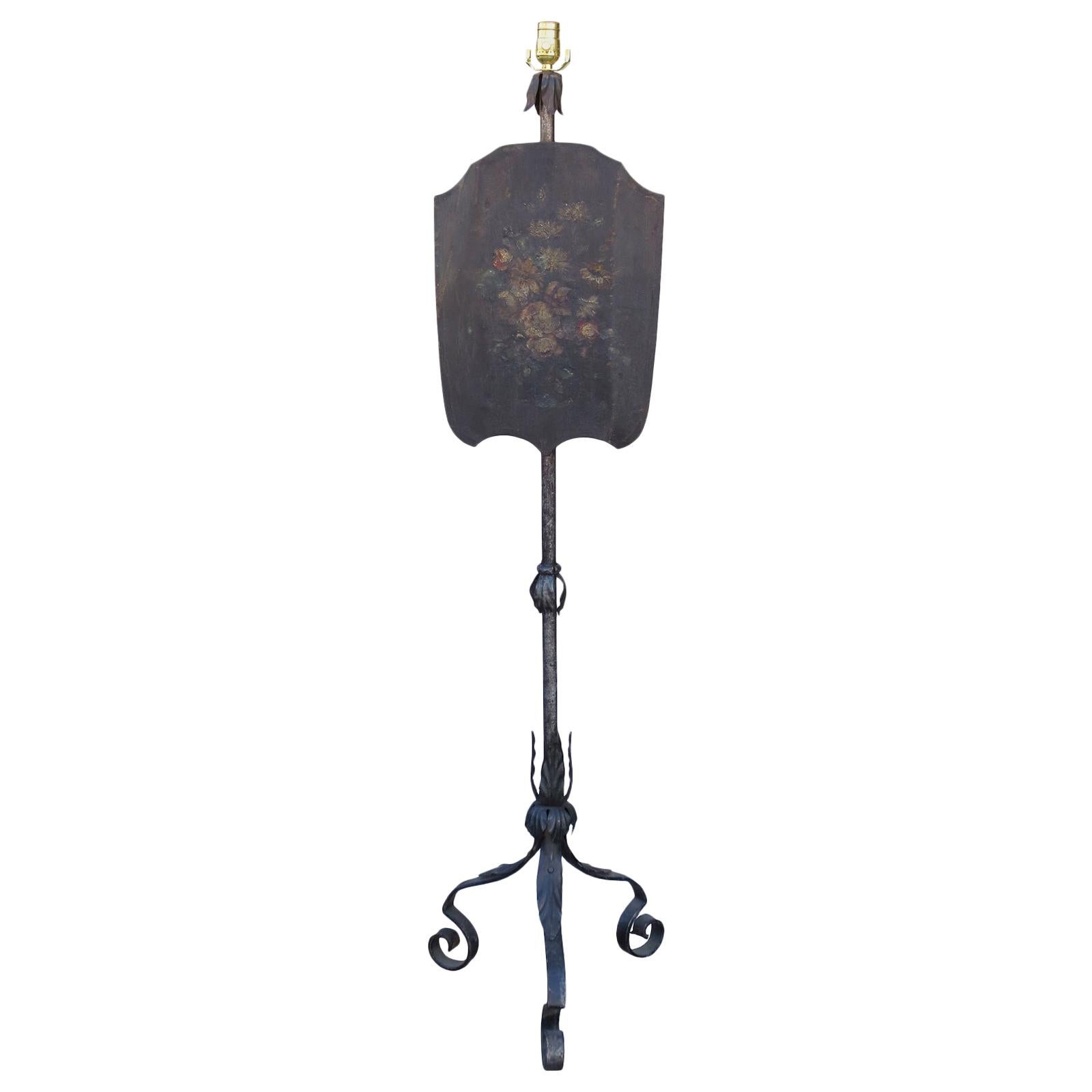 Late 19th Century Iron Pole Screen as Floor Lamp For Sale