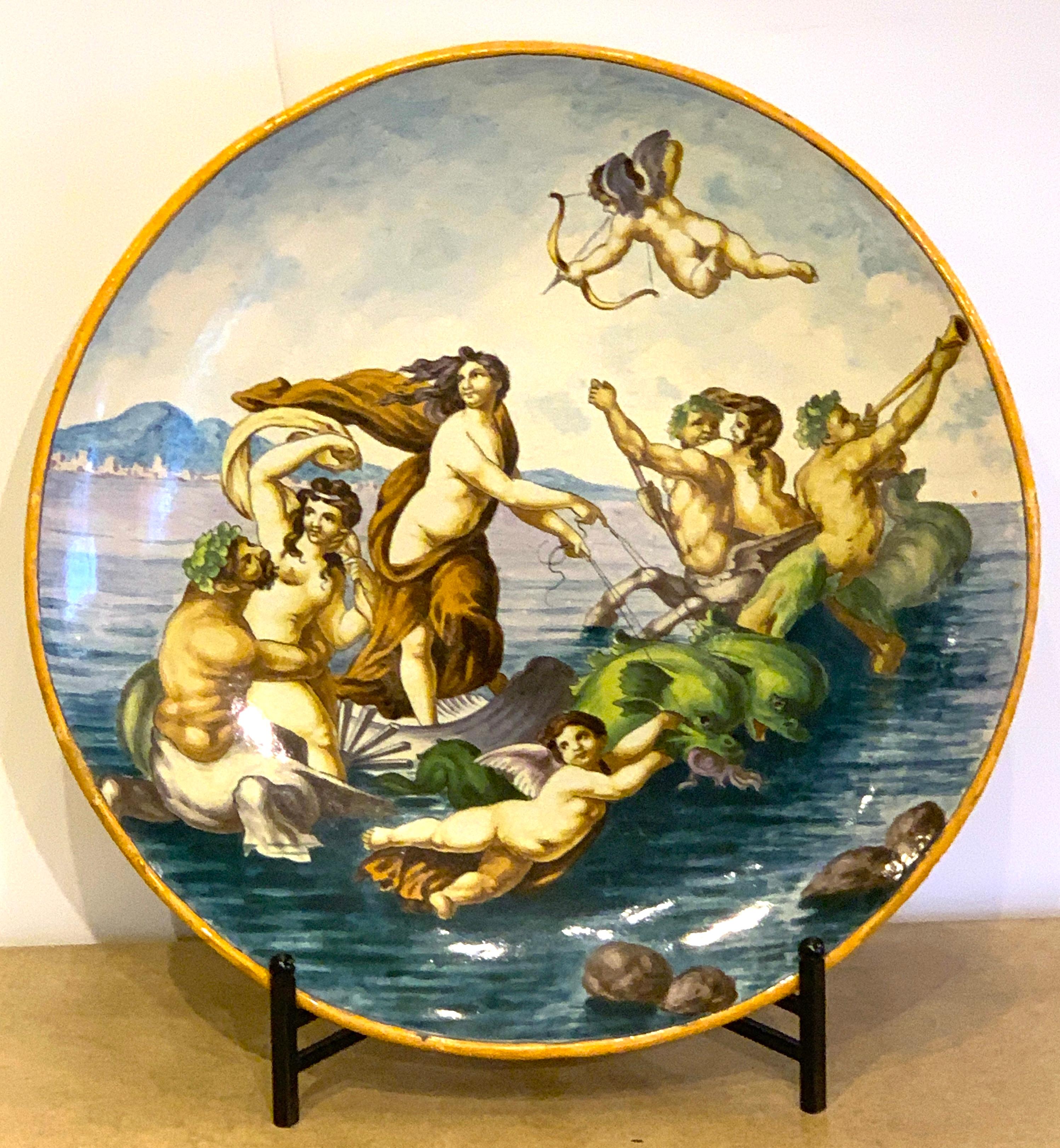 Late 19th century Italian allegorical Majolica charger, with bold and bright typical decoration, marked in script 
