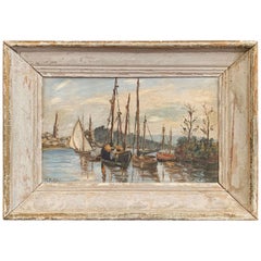 Late 19th Century Italian Boat Oil Painting in Painted Frame Signed L. Bolleri