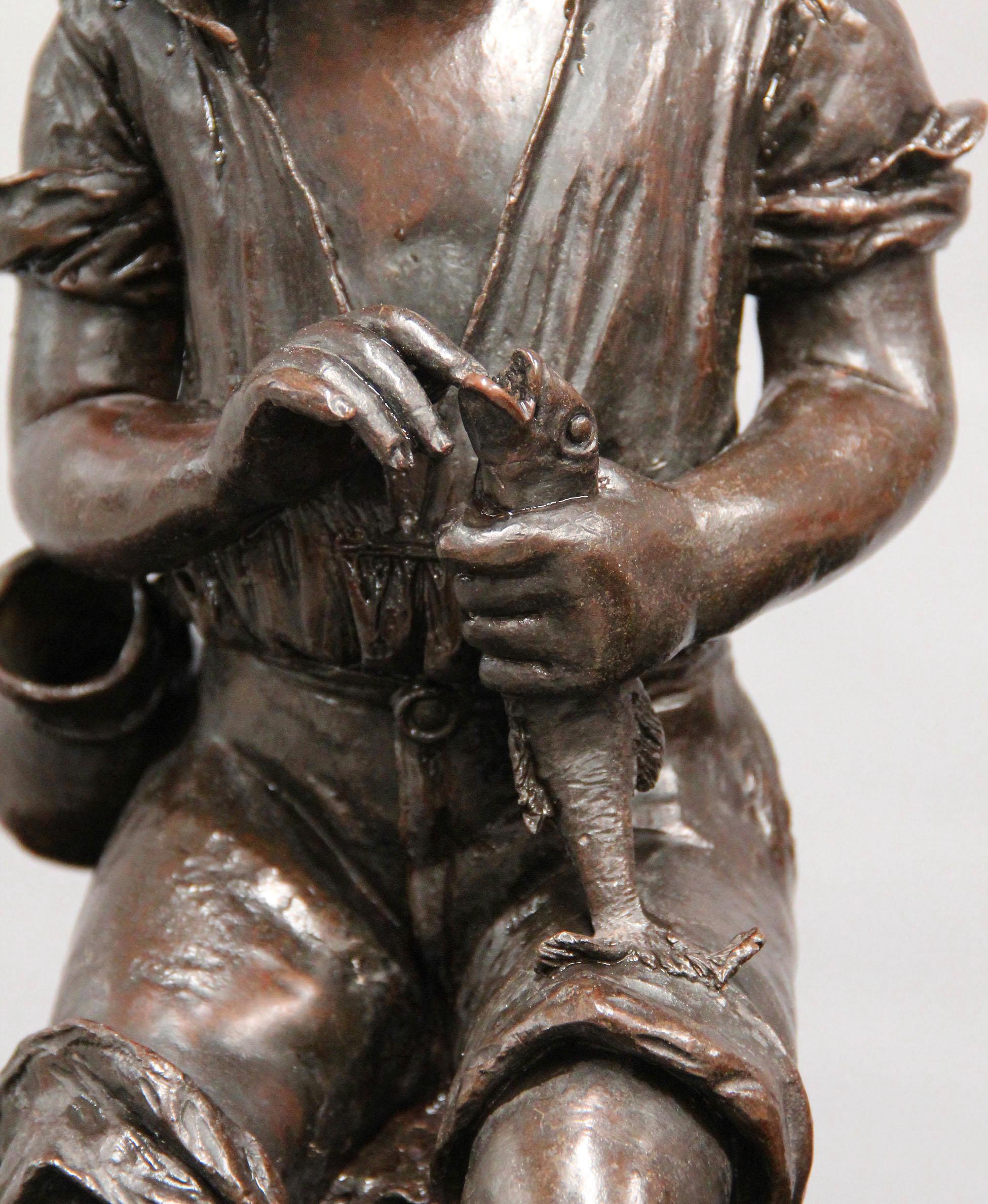 Patinated Late 19th Century Italian Bronze Sculpture of a Fishing Boy by Fabbrini For Sale