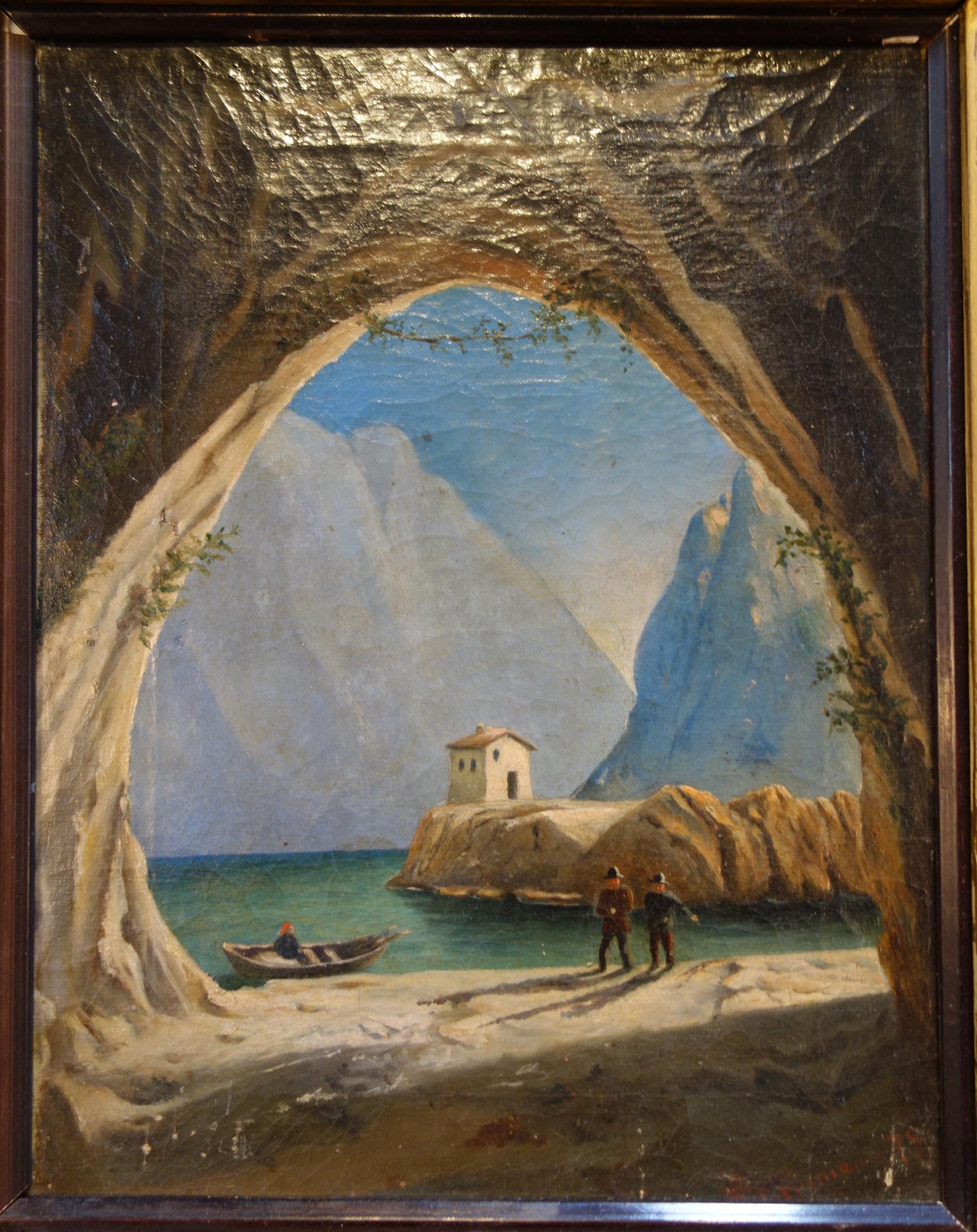 19th century Italian framed oil painting on canvas. Beautiful colors, intriguing perspective in this glimpse through a cave with figures on a mountain lake. Signed on the bottom right corner. Possibly the glacier Lake Garda (Benàco) with the