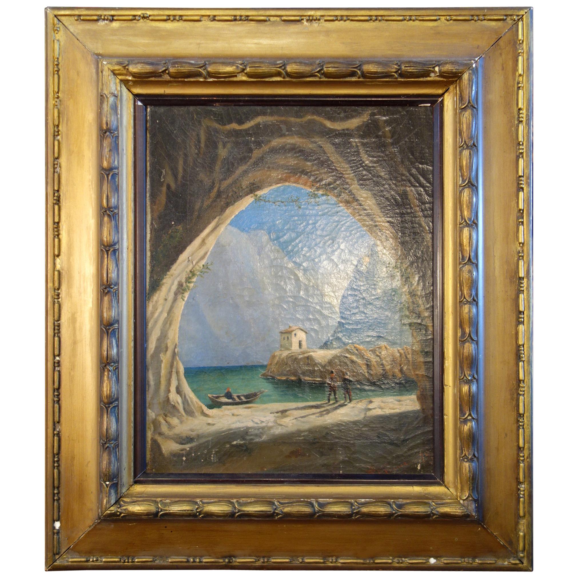 Late 19th Century Italian Cave on Lake with Figures Framed & Signed Oil Painting
