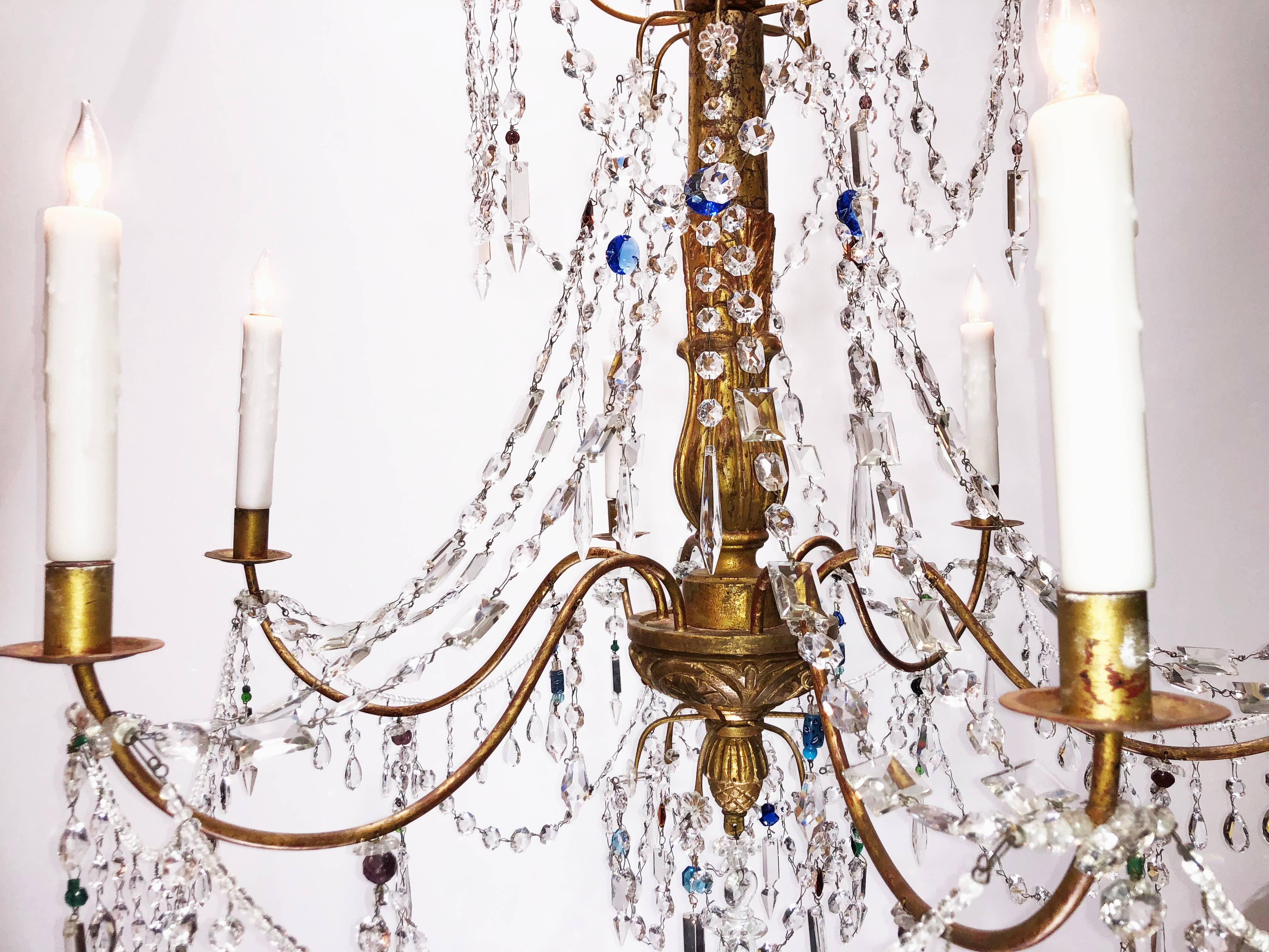 Baroque Late 19th Century Italian Genoese Giltwood and Crystal Chandelier
