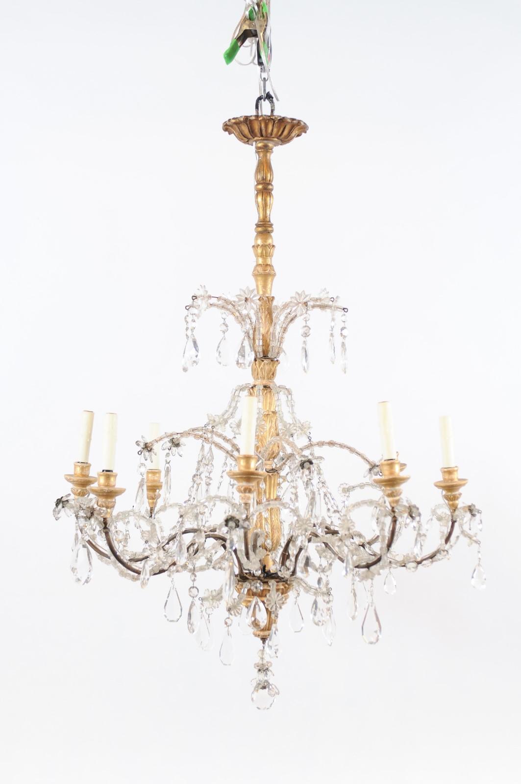 Fin du 19e siècle, lustre italien en bois doré et cristal à 8 Lights en vente 9