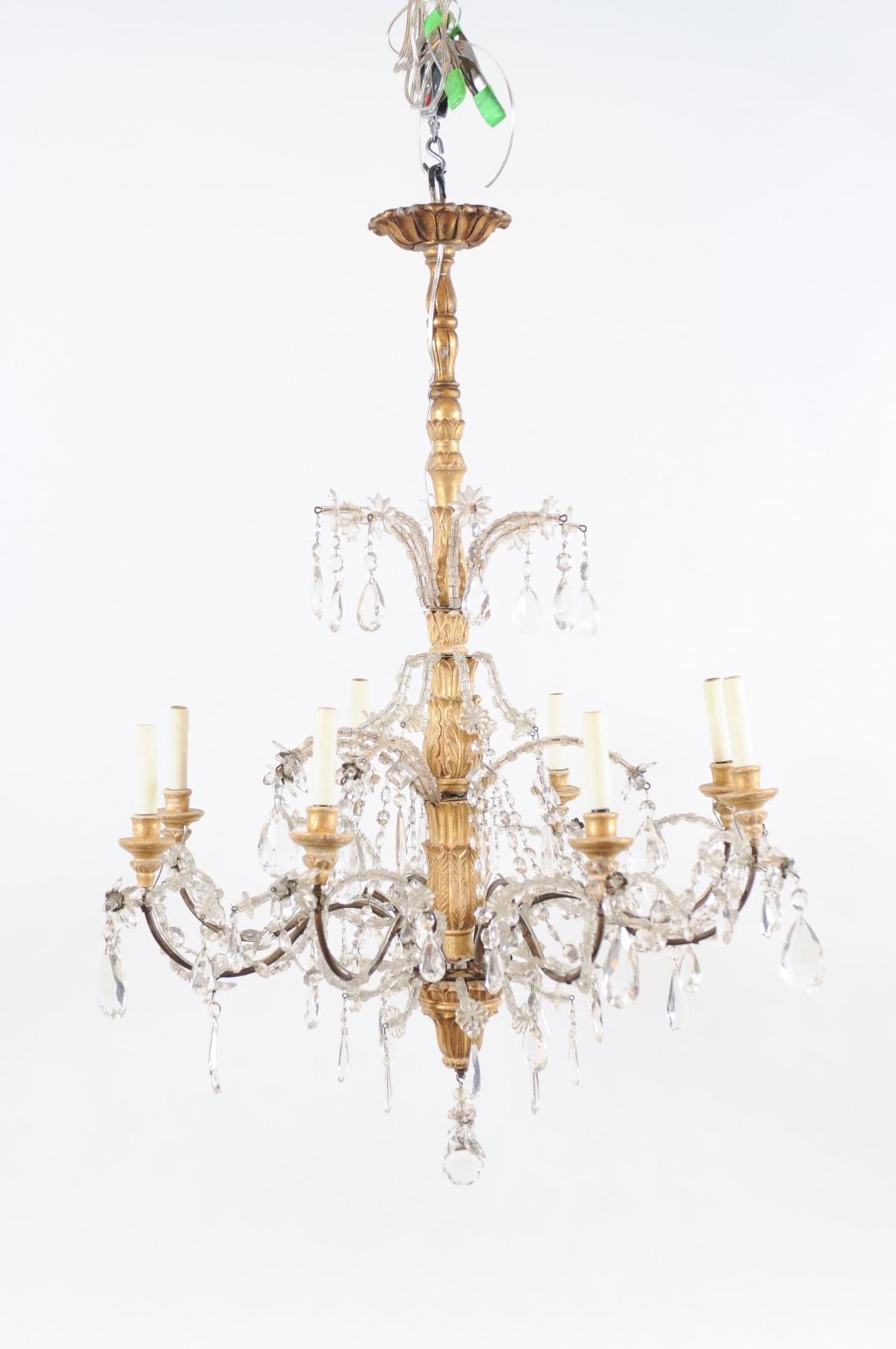 Fin du 19e siècle, lustre italien en bois doré et cristal à 8 Lights en vente 10