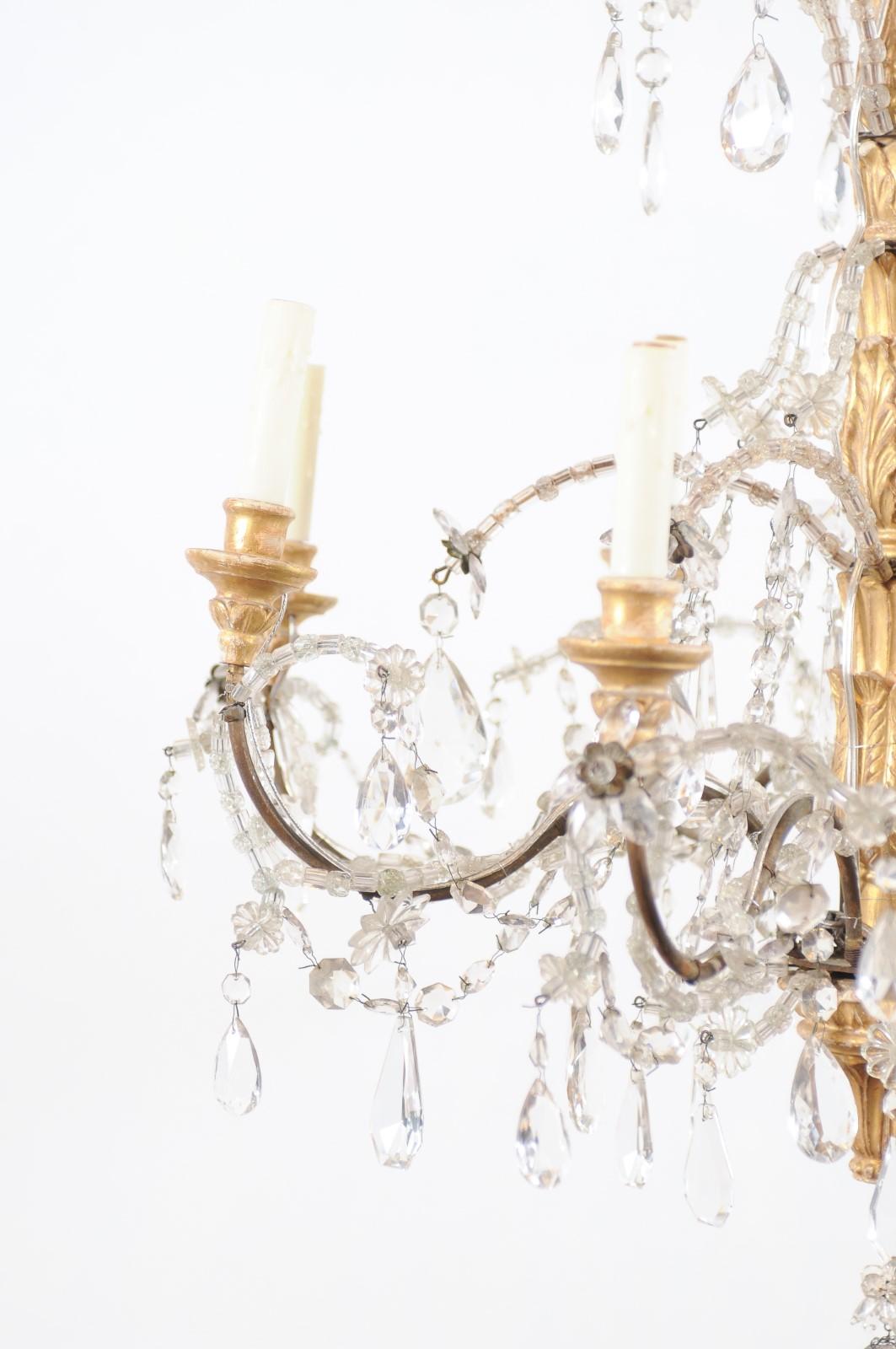 XIXe siècle Fin du 19e siècle, lustre italien en bois doré et cristal à 8 Lights en vente