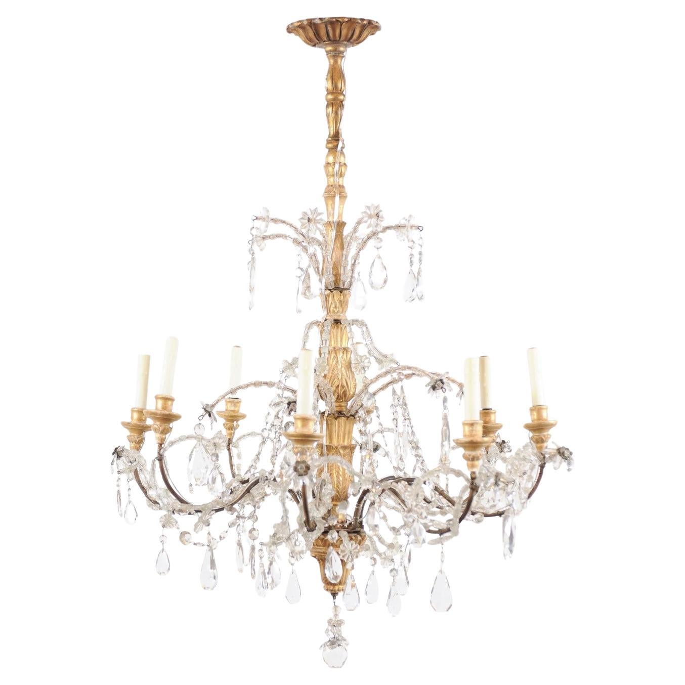 Fin du 19e siècle, lustre italien en bois doré et cristal à 8 Lights