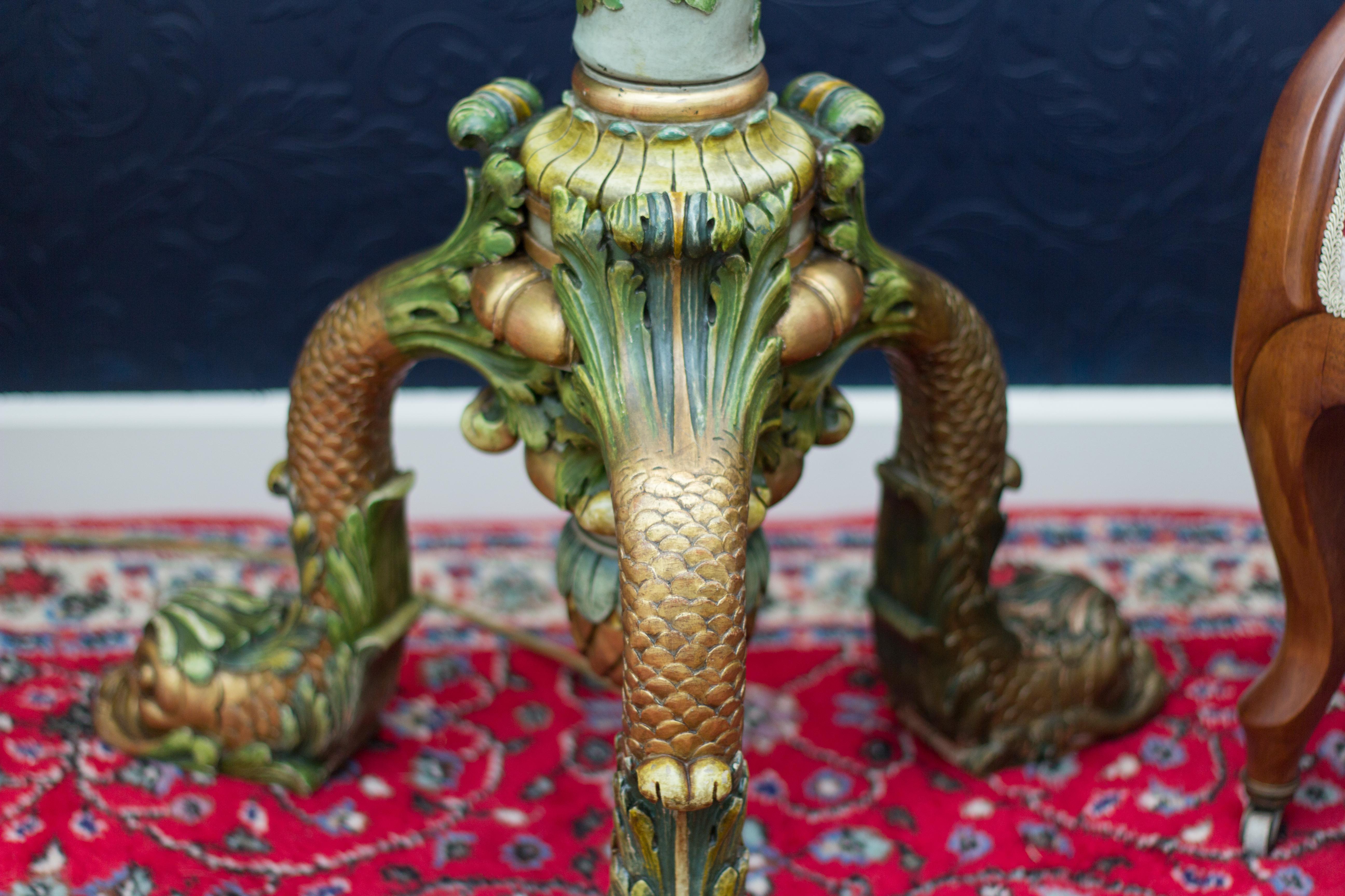 Antique Italian Carved and Green Painted Wooden Floor Lamp with Dolphins For Sale 9