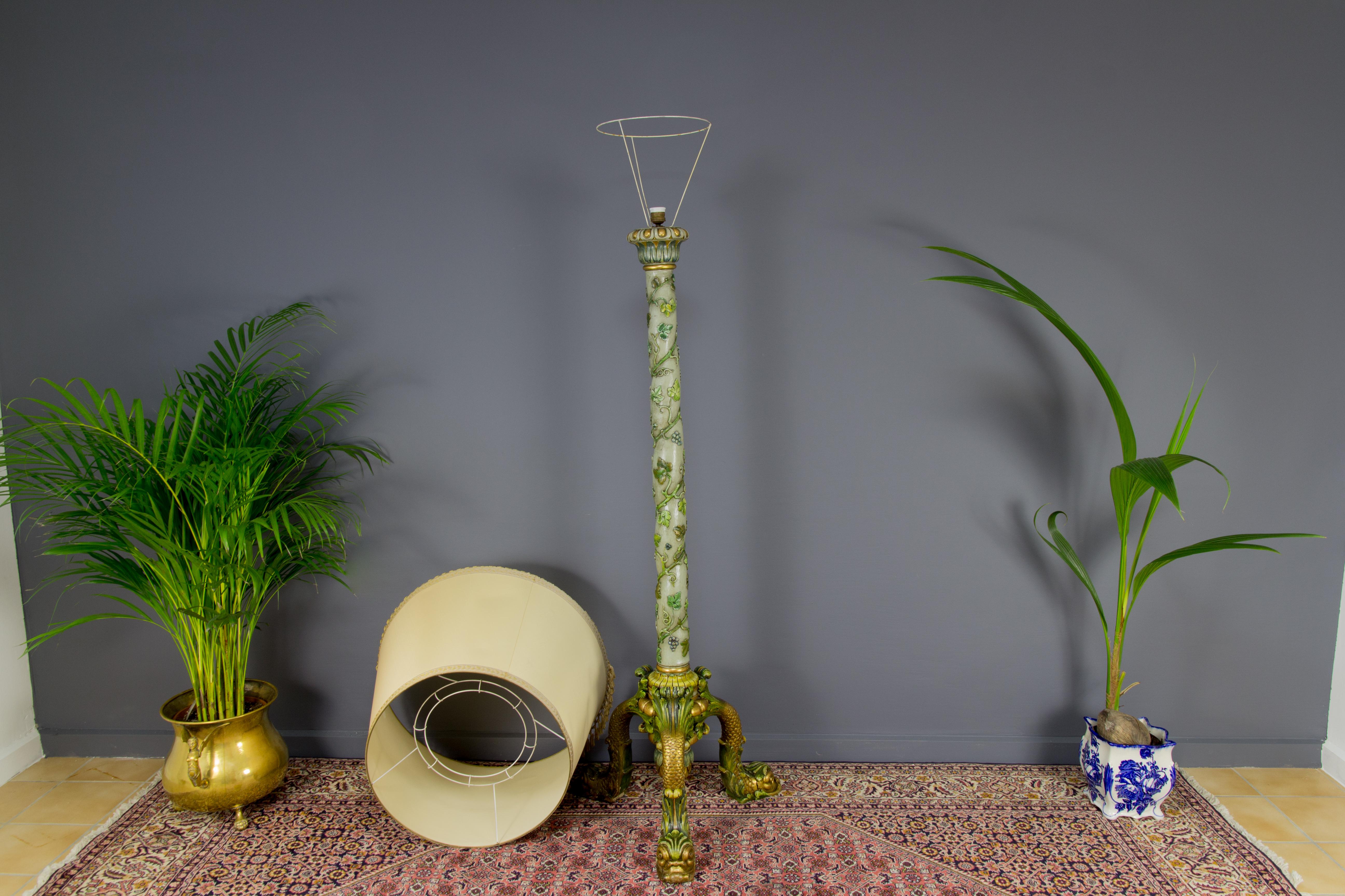 20th Century Antique Italian Carved and Green Painted Wooden Floor Lamp with Dolphins For Sale
