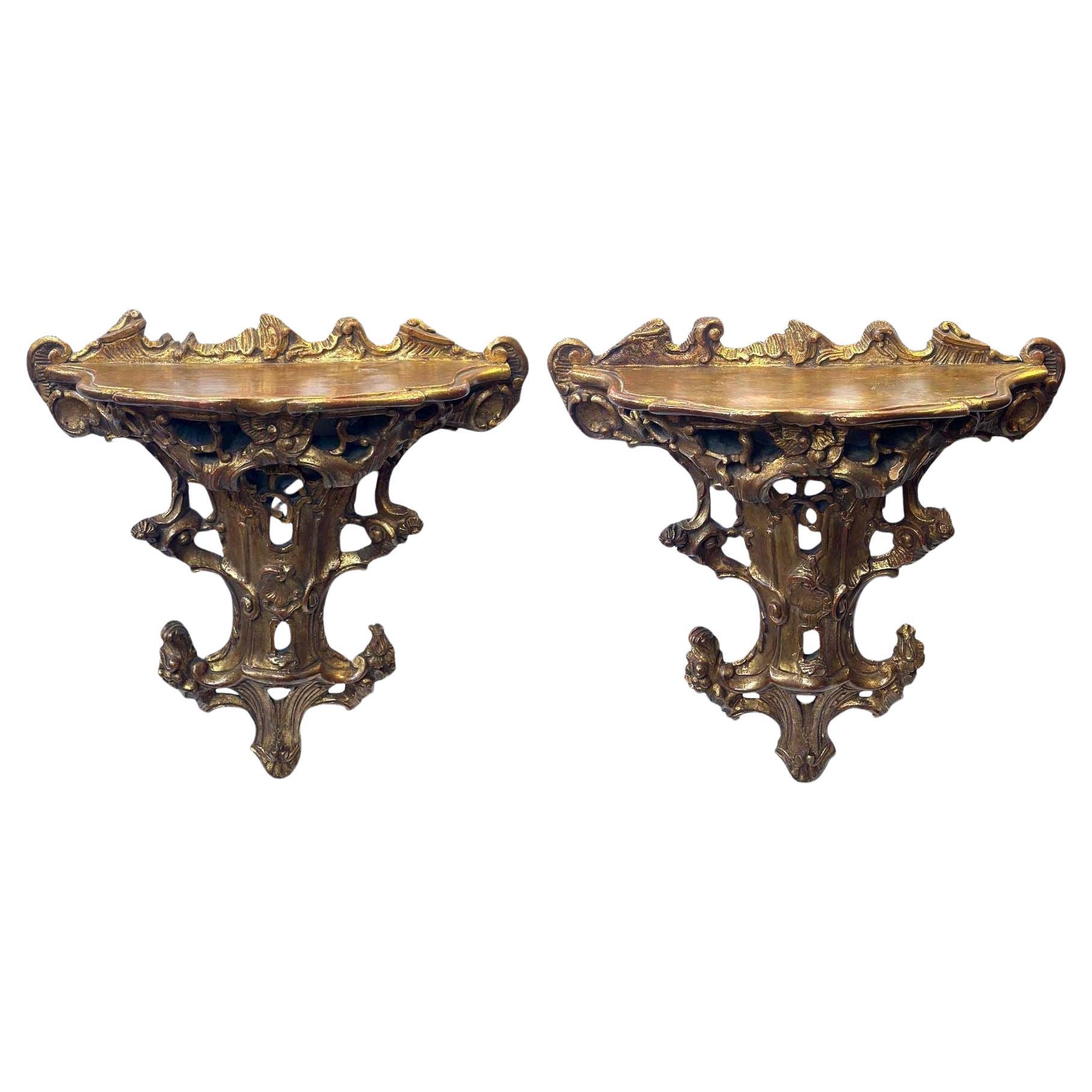 Late 19th Century Italian Hand Carved Gilt Wood Brackets For Sale