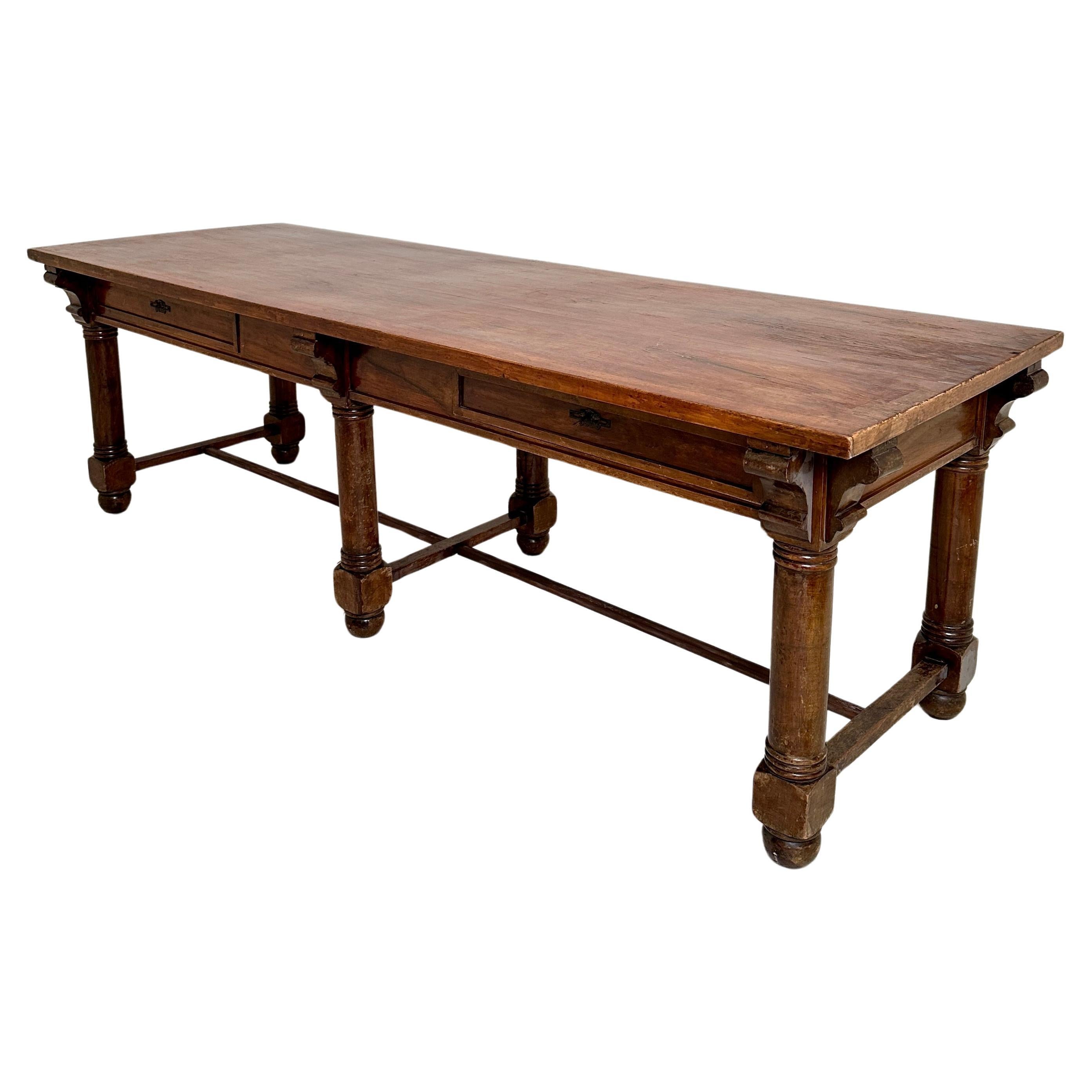 Late 19th Century Italian Large Brown Walnut Dining Table with 2 Drawers, 1880 For Sale